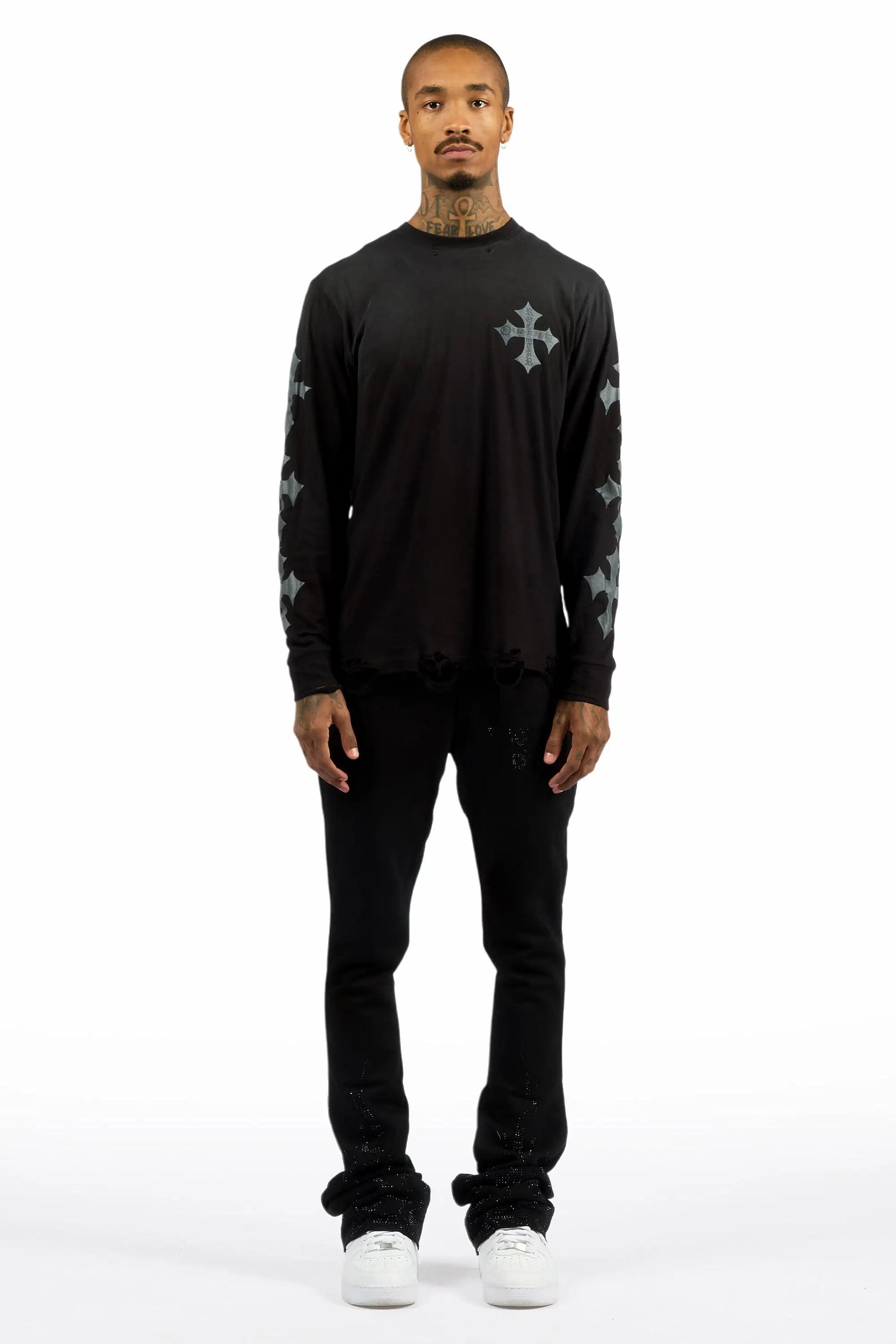 Pyrel Black/Black Rhinestone Stacked Flare Pant