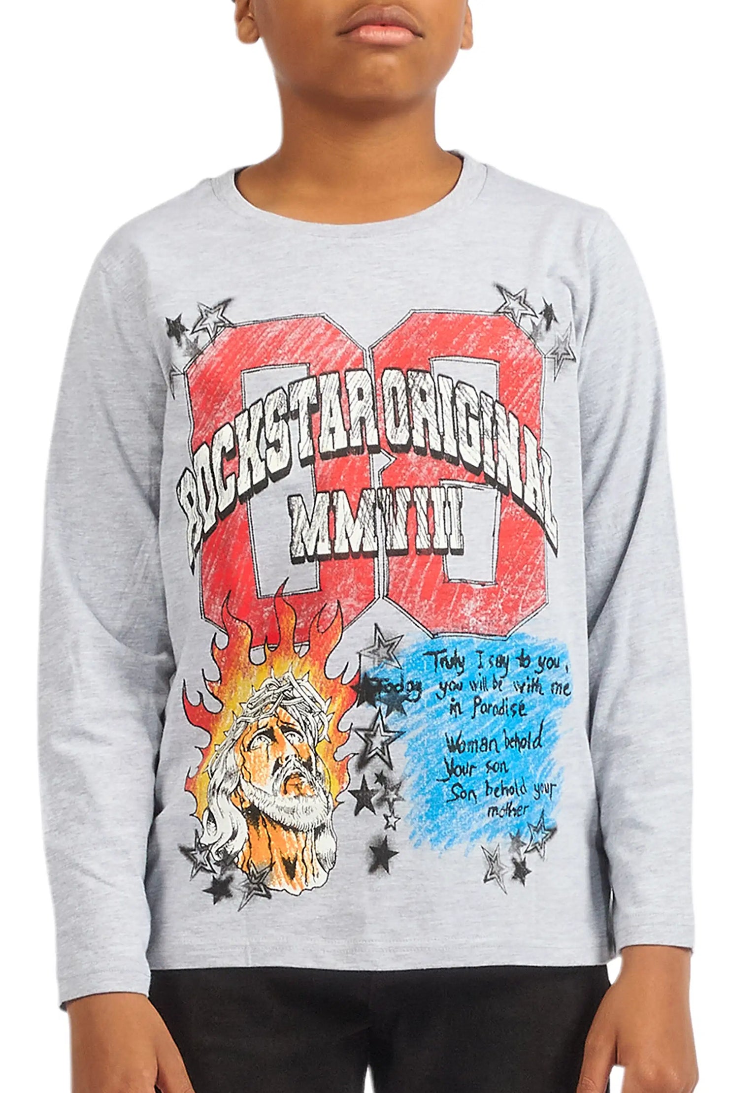 Boys Jesus Crayon Heather Grey Long Sleeve Graphic T-Shirt