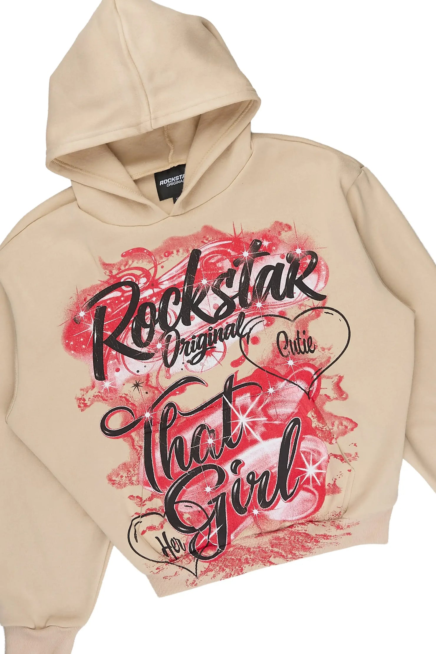 Girls Skye Beige/Burgundy Fleece Hoodie Short set