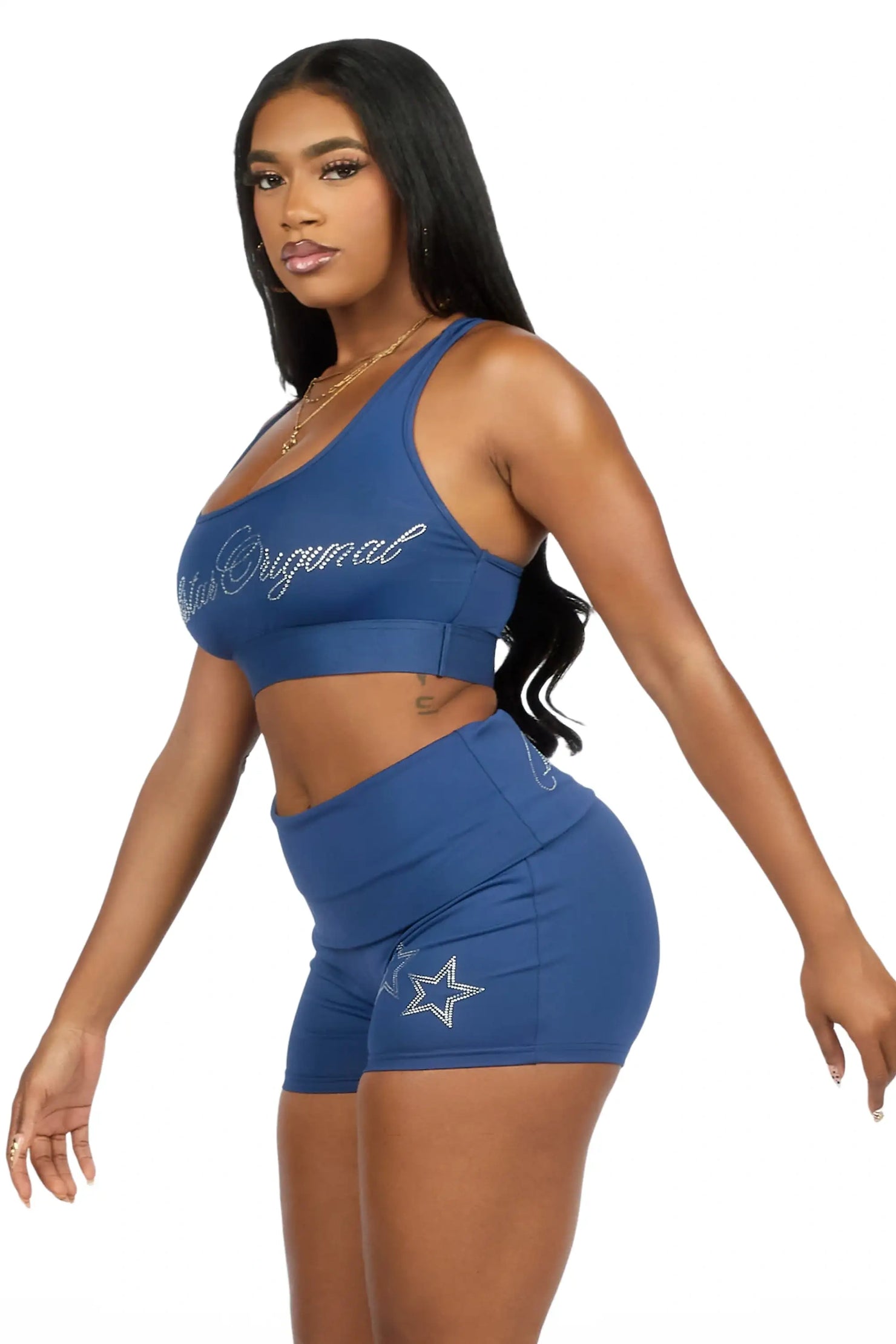 Arieona Navy Rhinestone Sports Bra Foldover Short Set