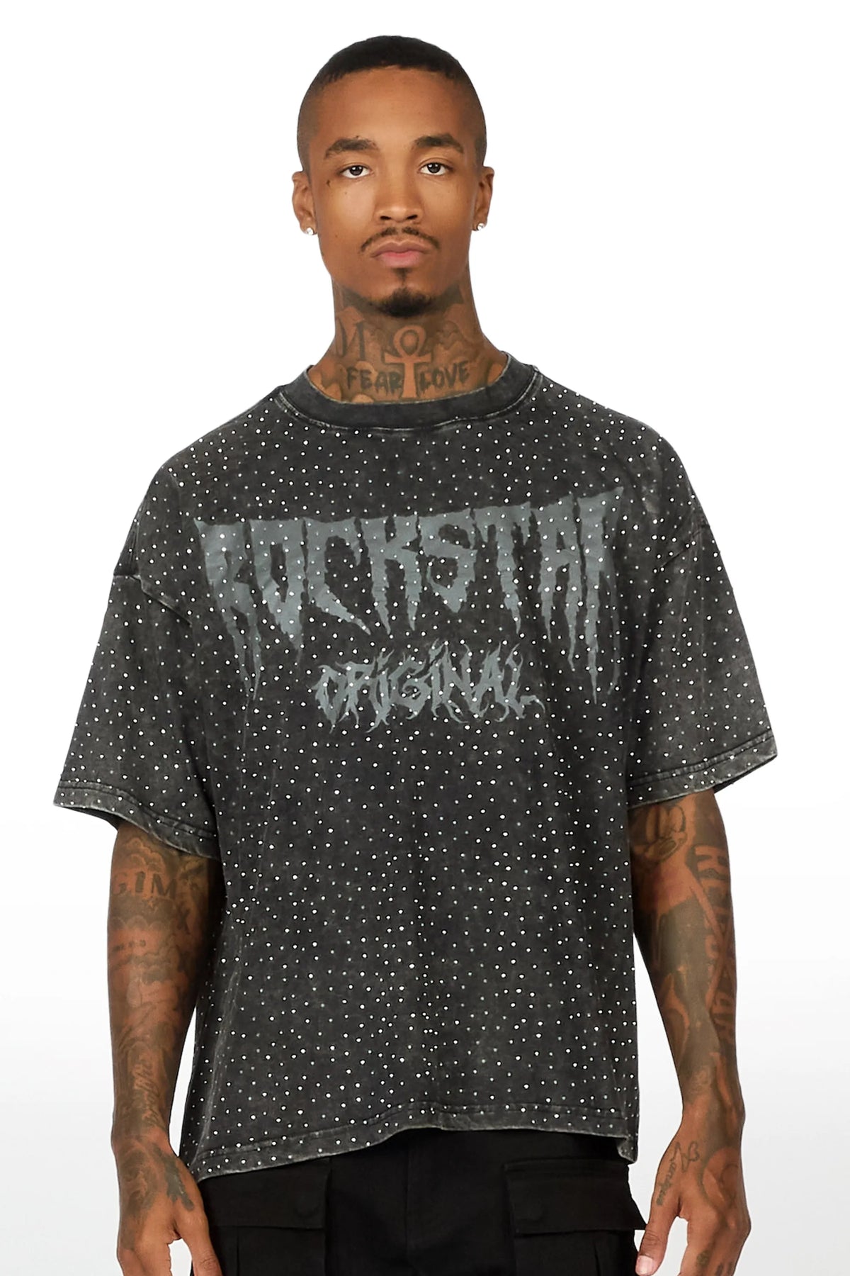 Andros Black Rhinestone Oversized Graphic T-Shirt
