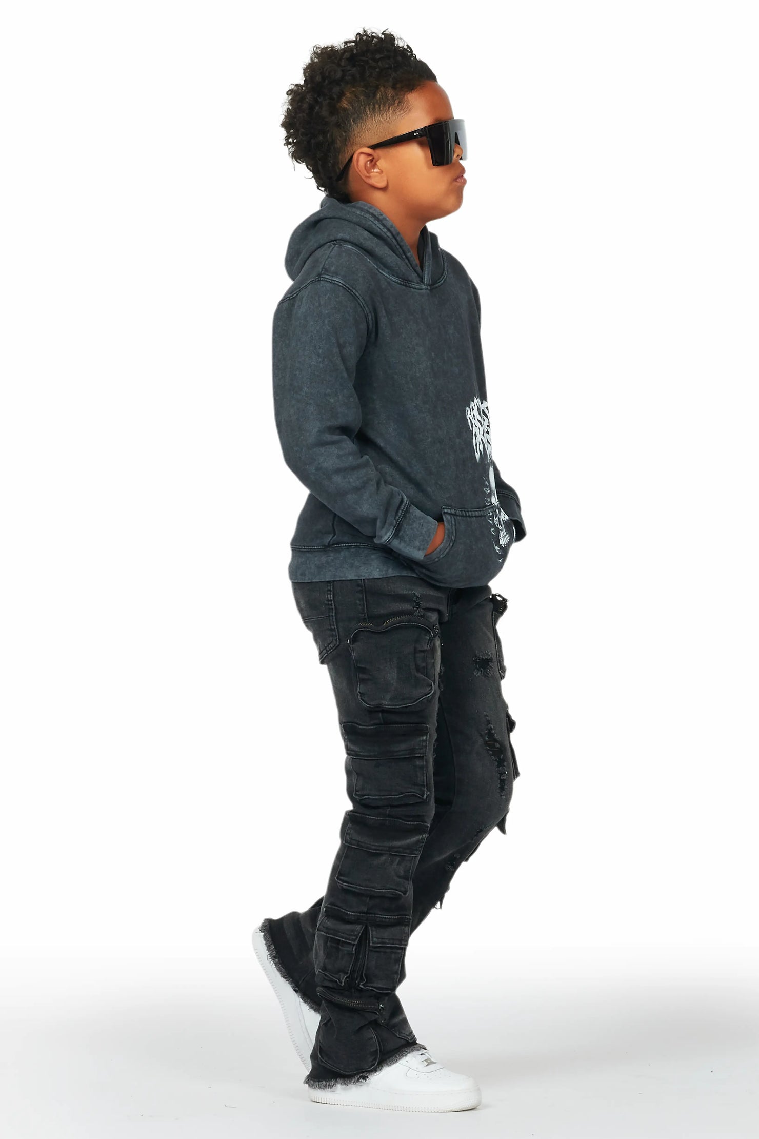 Boys Root Vintage Black Hoodie/Cargo Stack Flare Jean Set