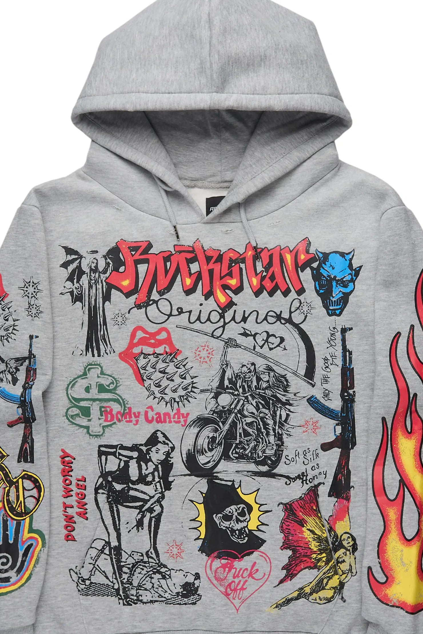 Shootah Heather Grey Distressed Graphic Relaxed Relaxed Hoodie