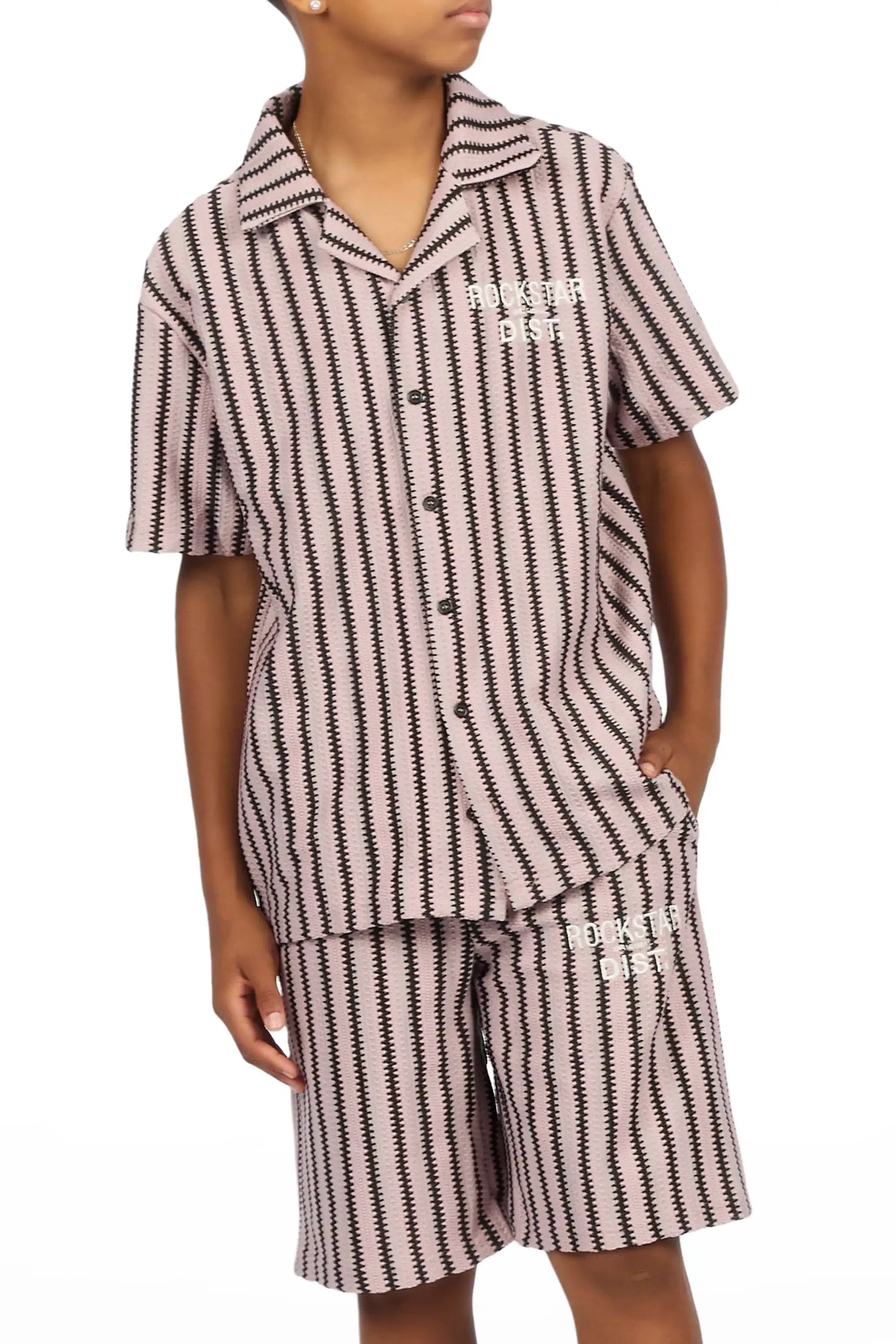 Boys Gerald Light Pink/Black Button Down Shirt/Short Set