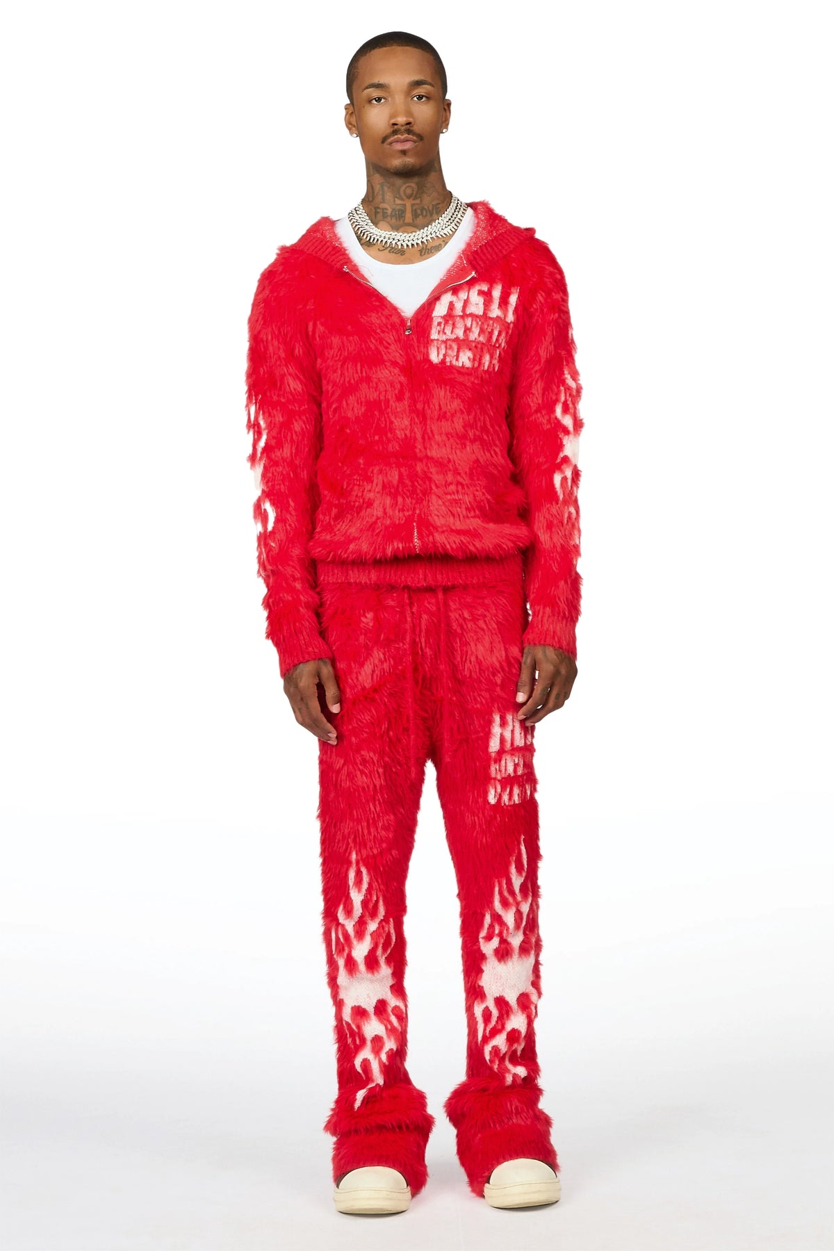 Toshio Red Stacked Flare Knitted Mohair Track Set