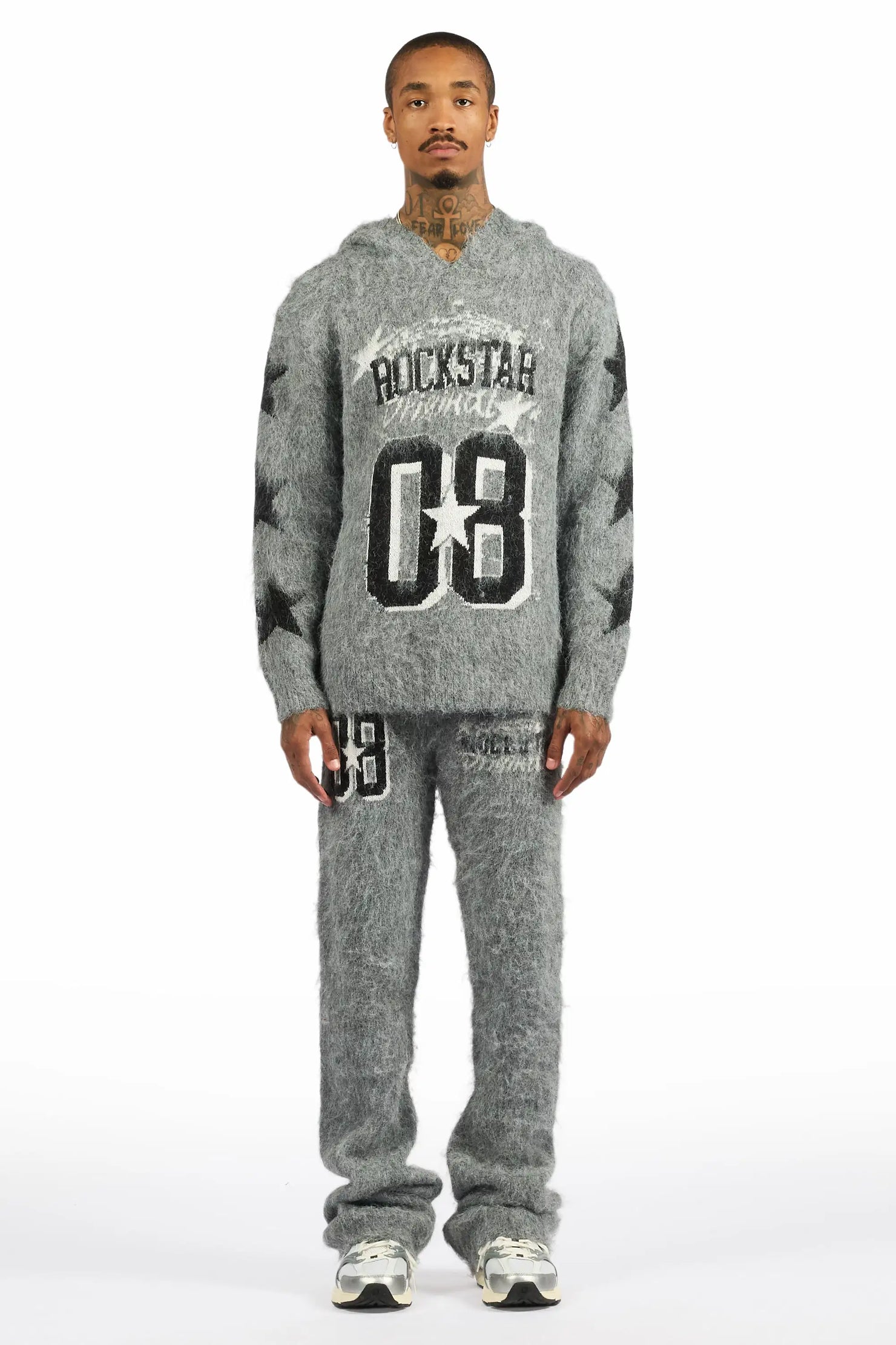 Allstar Grey Hoodie Stacked Flare Knitted Mohair Track Set