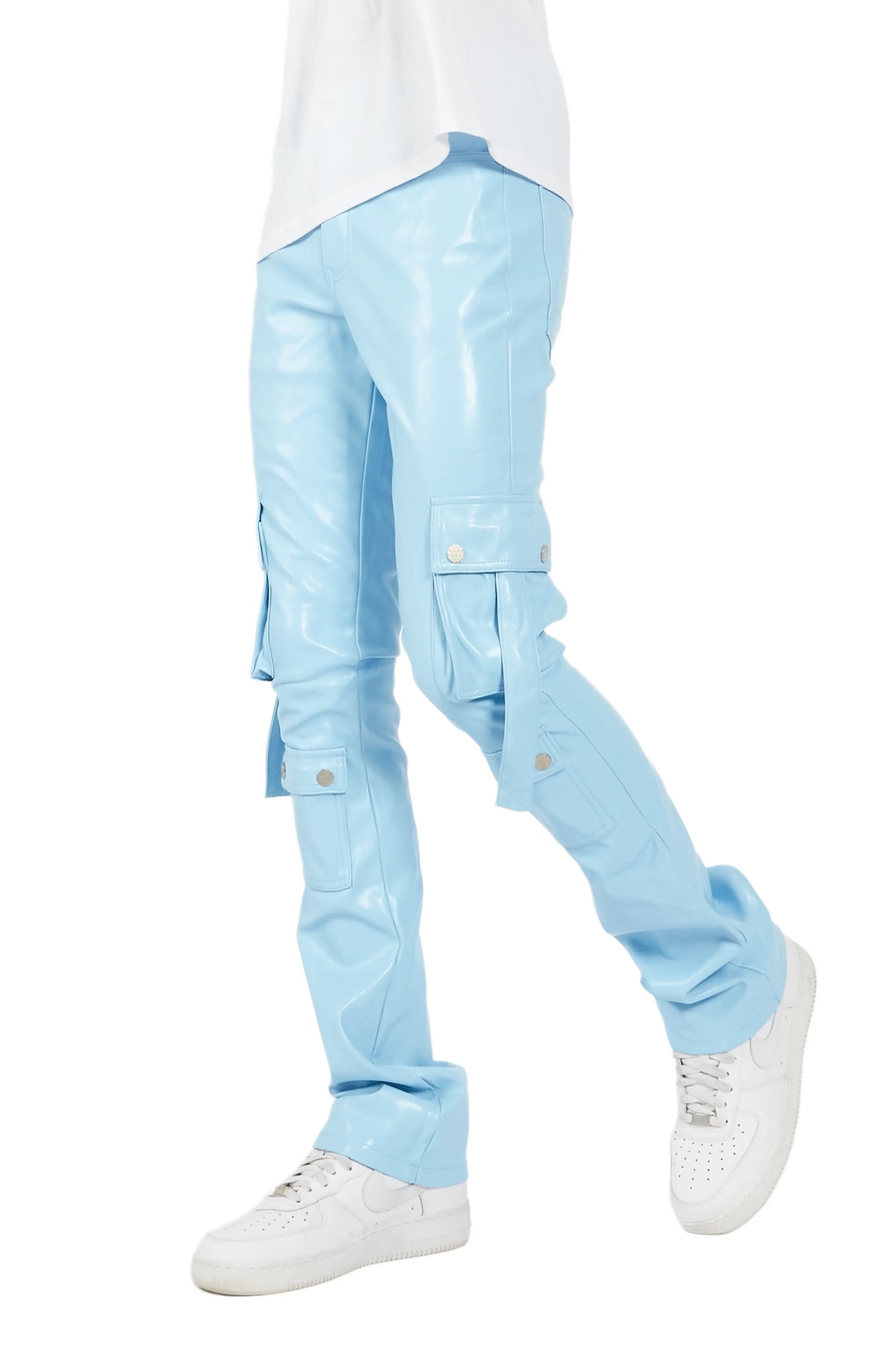 Errol Baby Blue Faux Leather Stacked Cargo Jean