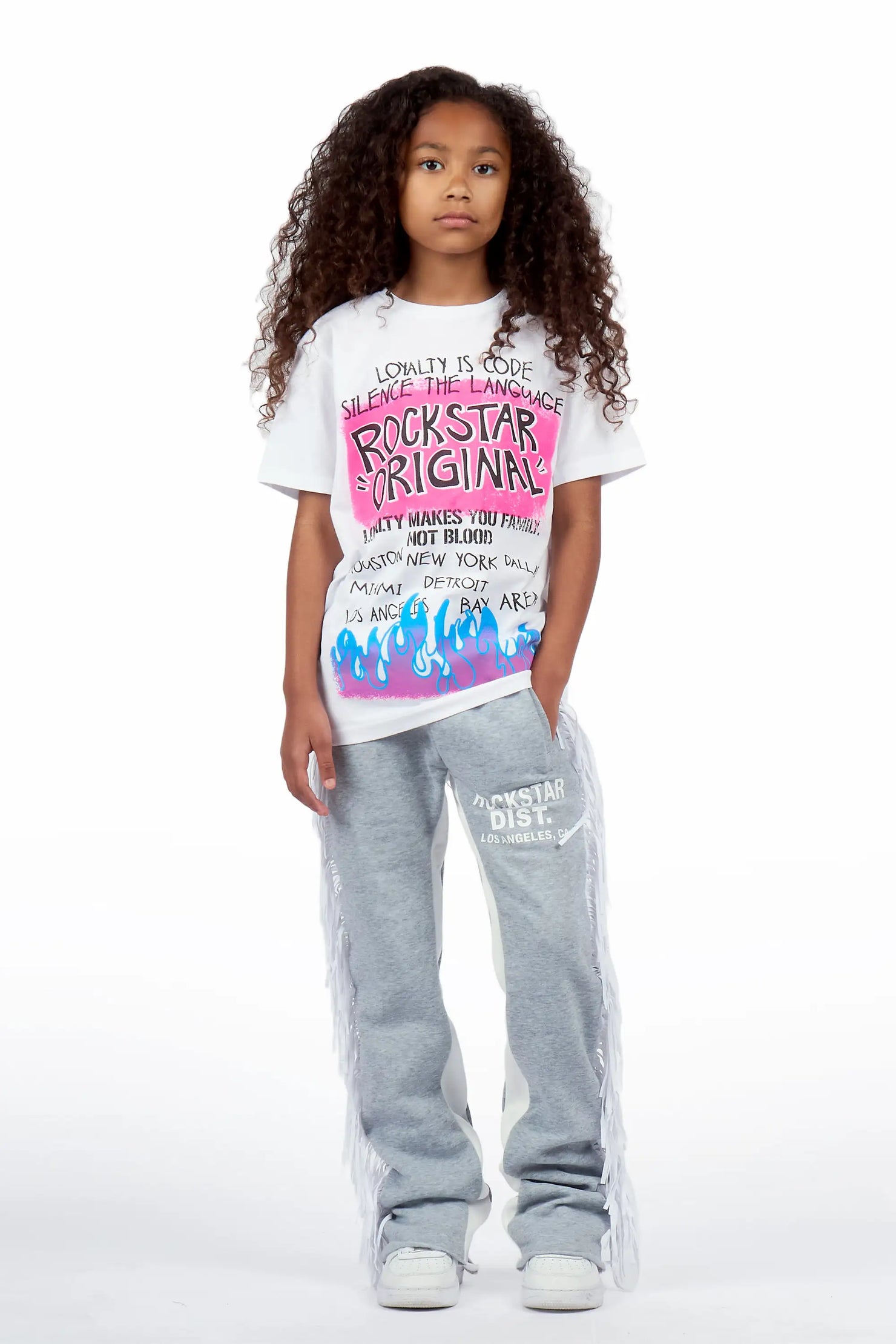Girls Briken White/Grey T-Shirt/Fringe Stacked Pant Set