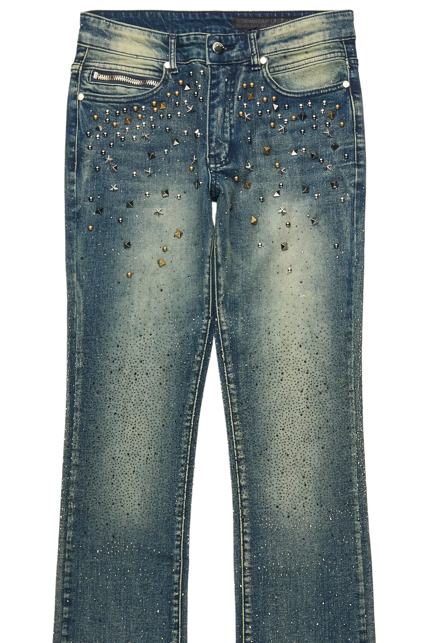 Onyx Dark Blue Studded Stacked Flare Jean