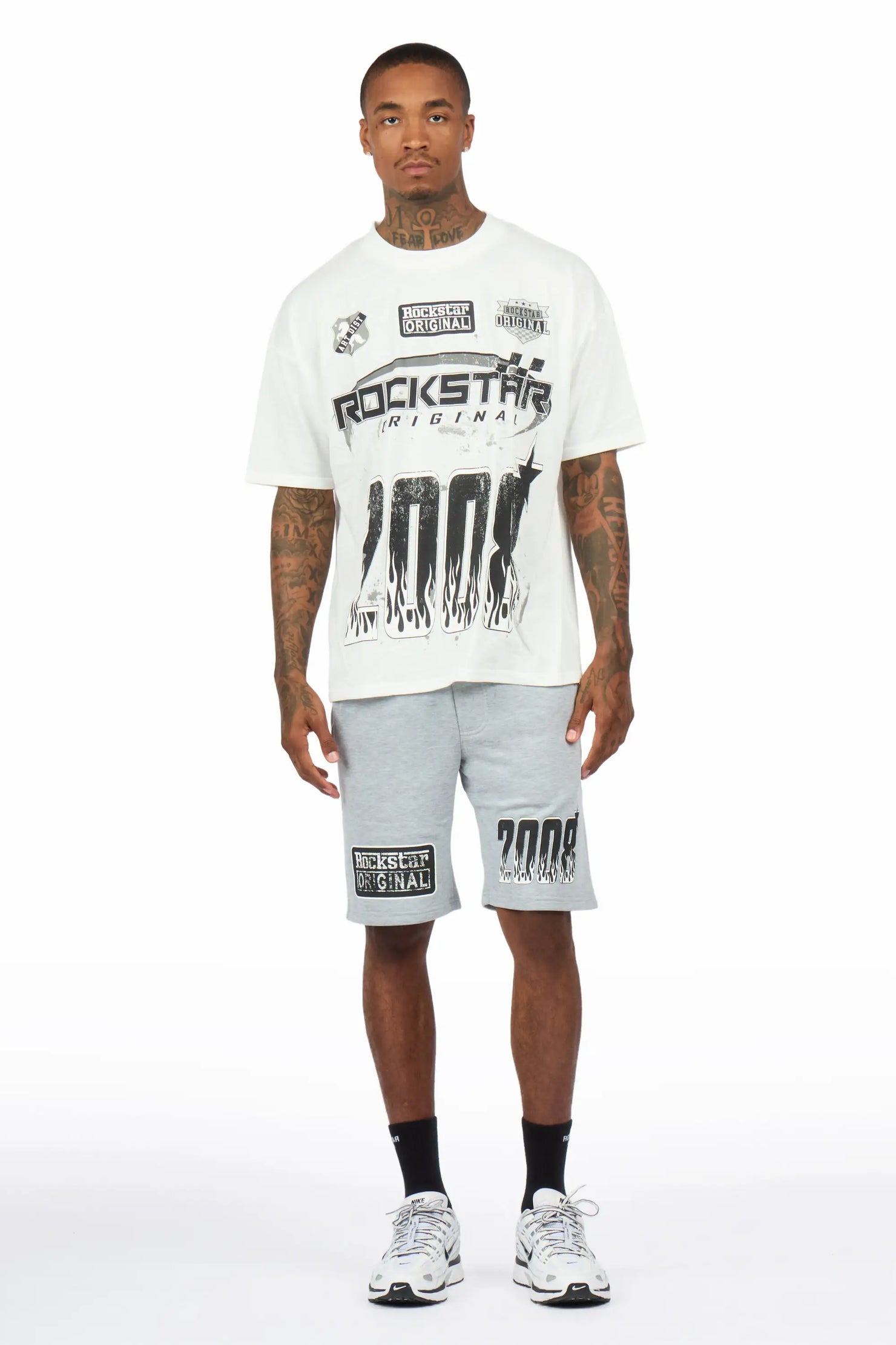 Amos White/Grey Graphic T-Shirt Short Set
