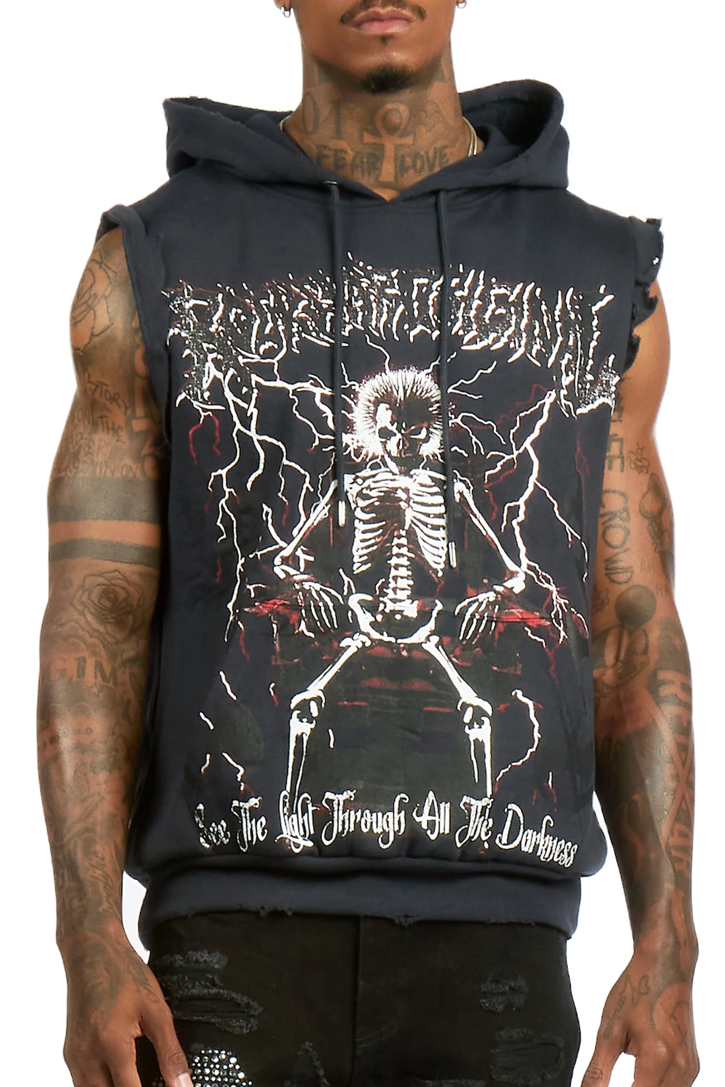 Deathrow Navy Cut Sleeve Hoodie