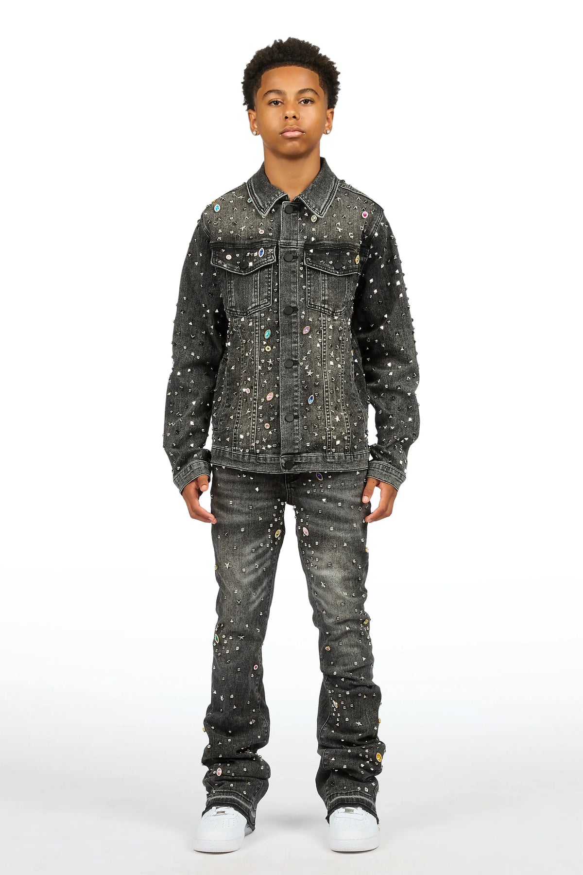 Boys Hendrix Black Rhinestone Denim Jacket/Stacked Flare Jean Set