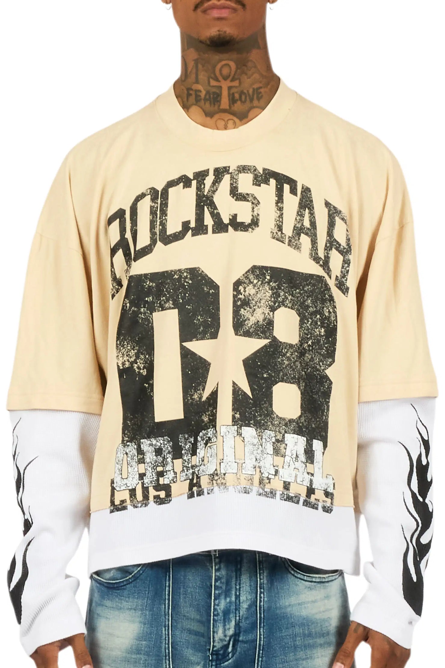 Flamur Beige/Black Double Layer Long Sleeve Graphic T-Shirt