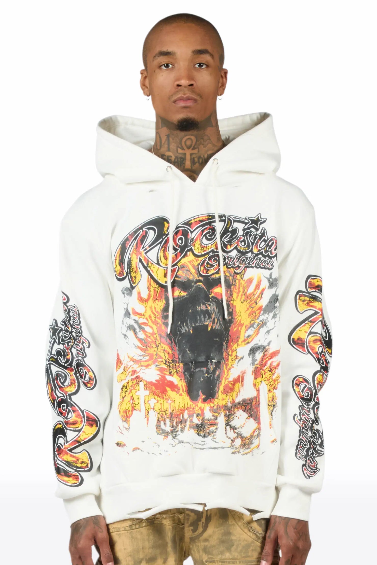 Flamer White Distressed Graphic Relaxed Hoodie