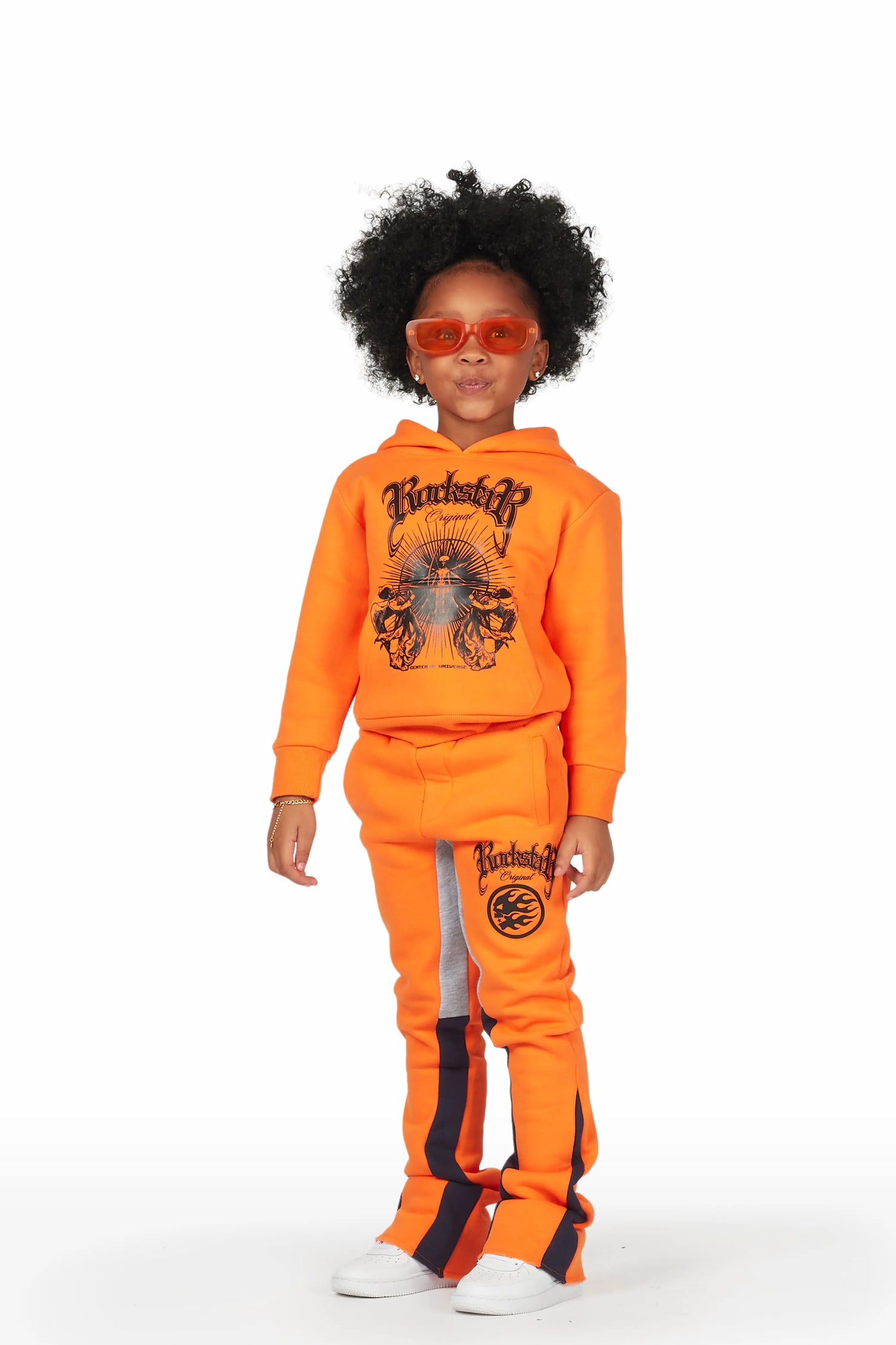 Girls Yadi Orange Hoodie Super Stacked Flare Track Set