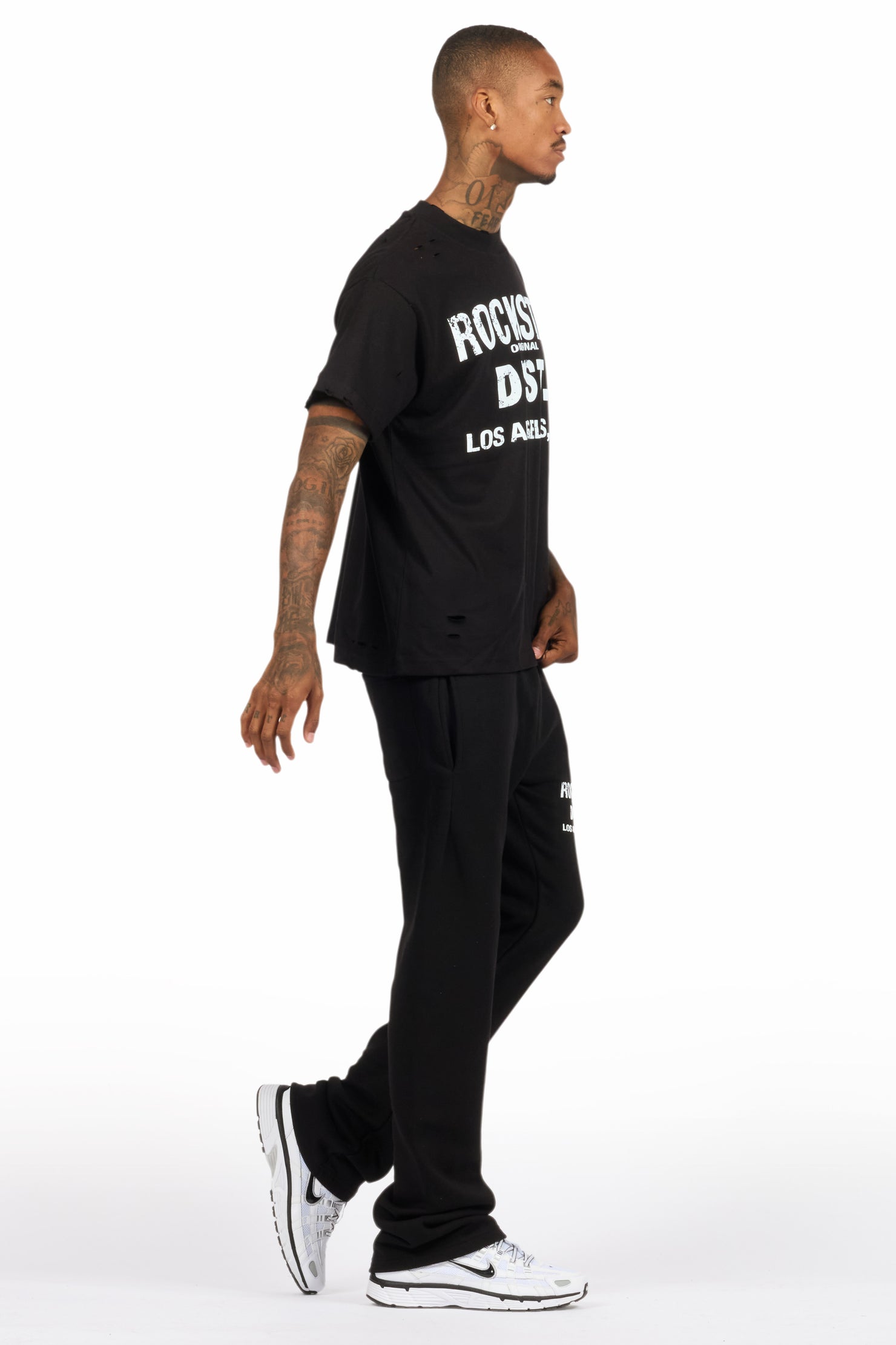 Lake Black/White Oversized T-Shirt/Stacked Track Pant Set
