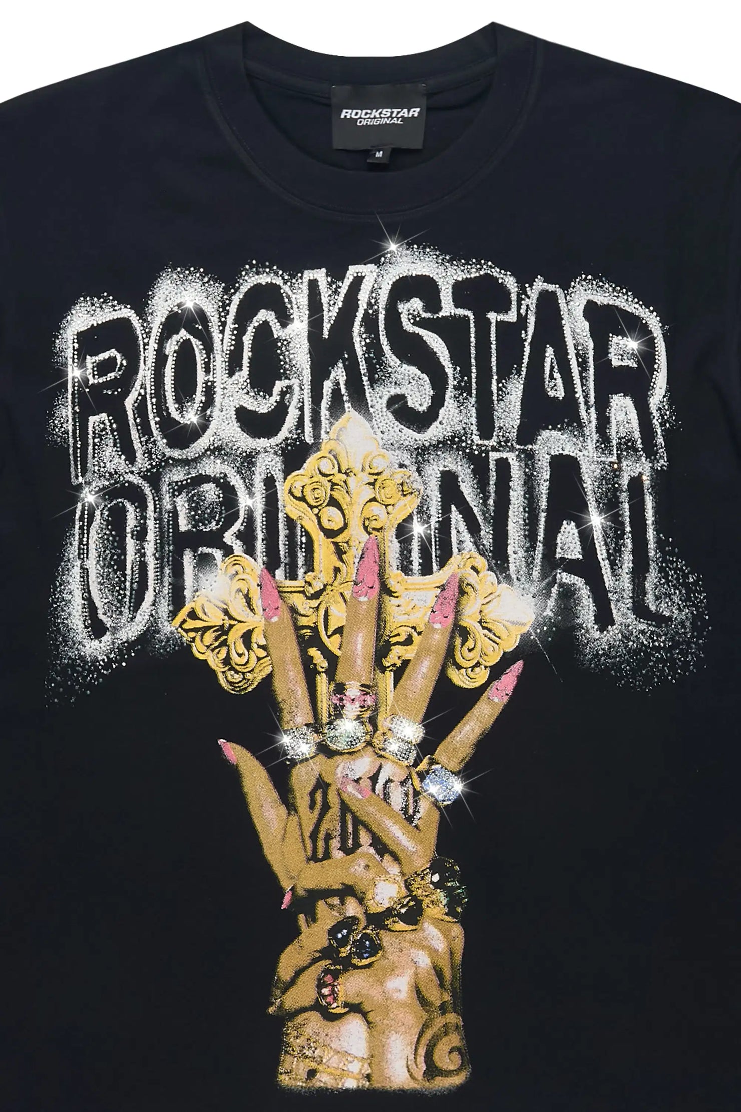 Kenoye Black Rhinestone Short Sleeve Tee Shirt