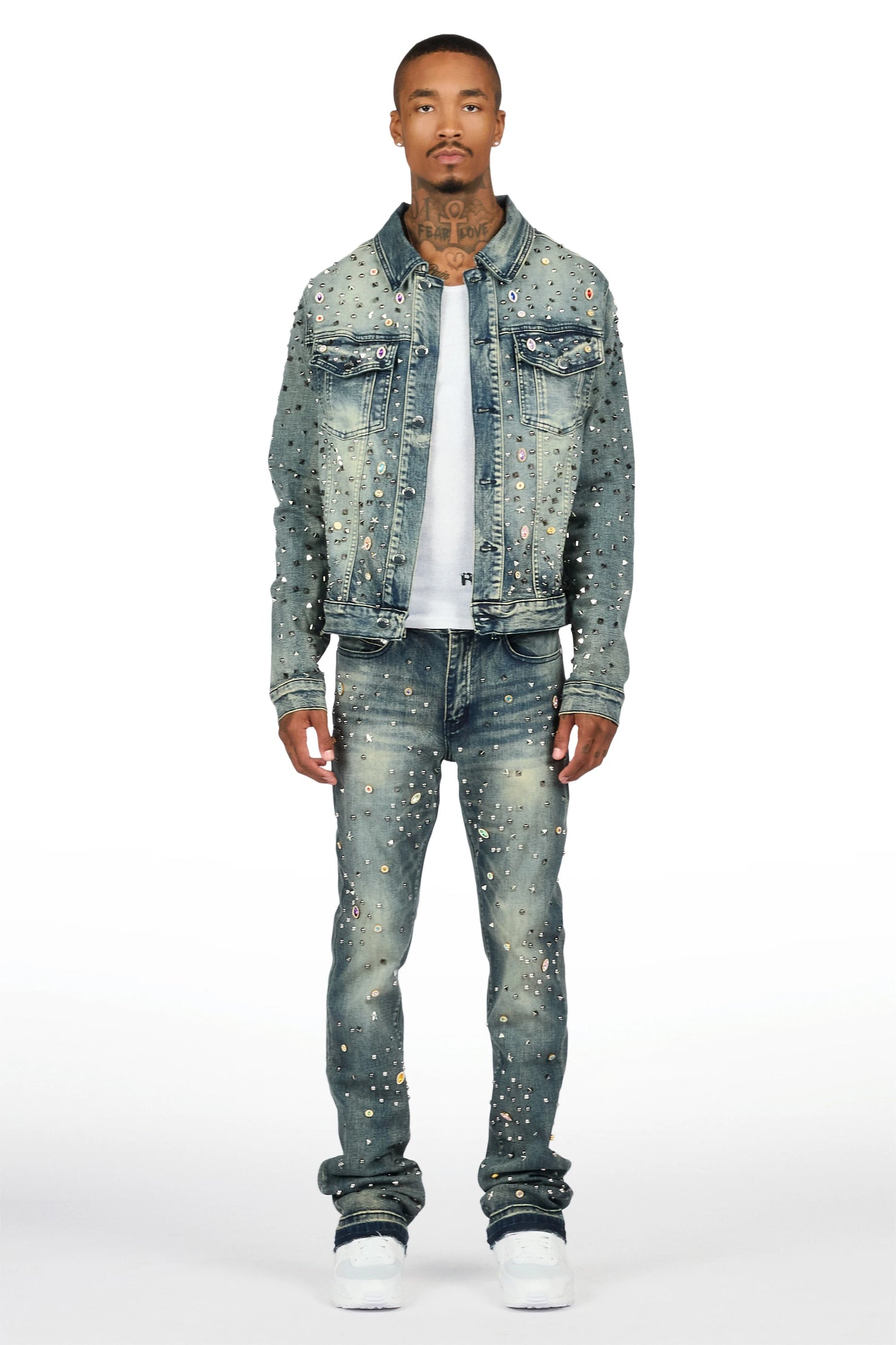 Norris Dark Blue Rhinestone Denim Jacket/Stacked Flare Jean Set