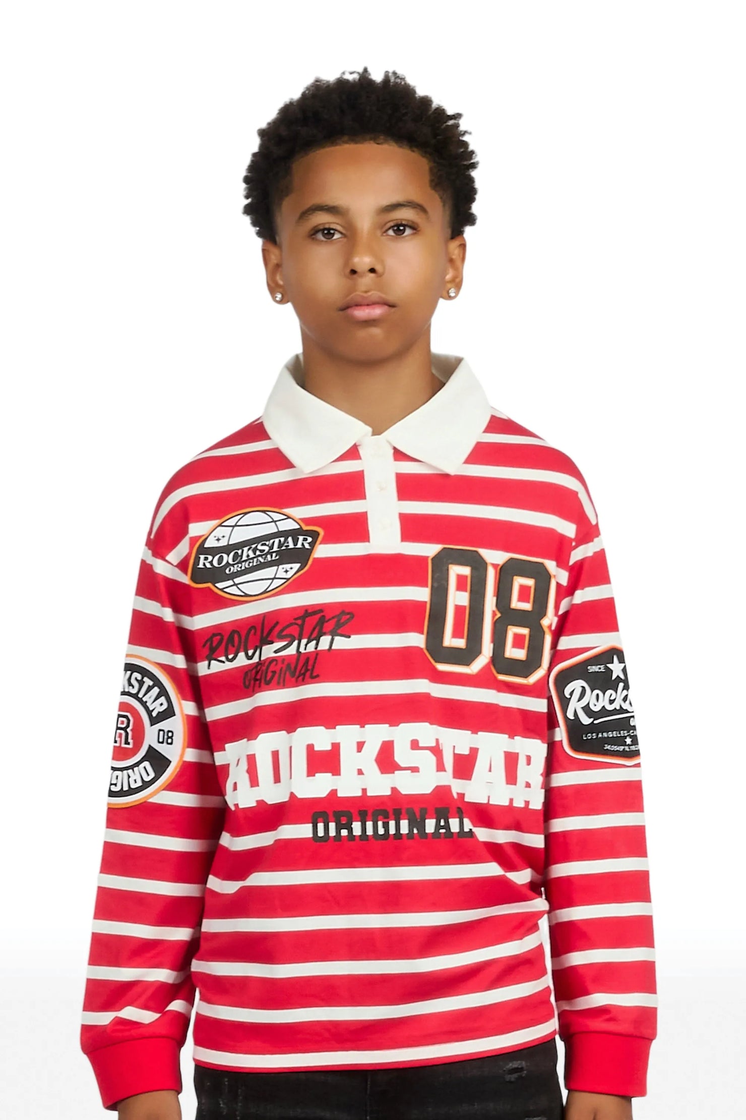 Boys Genis Red/White Long Sleeve Polo