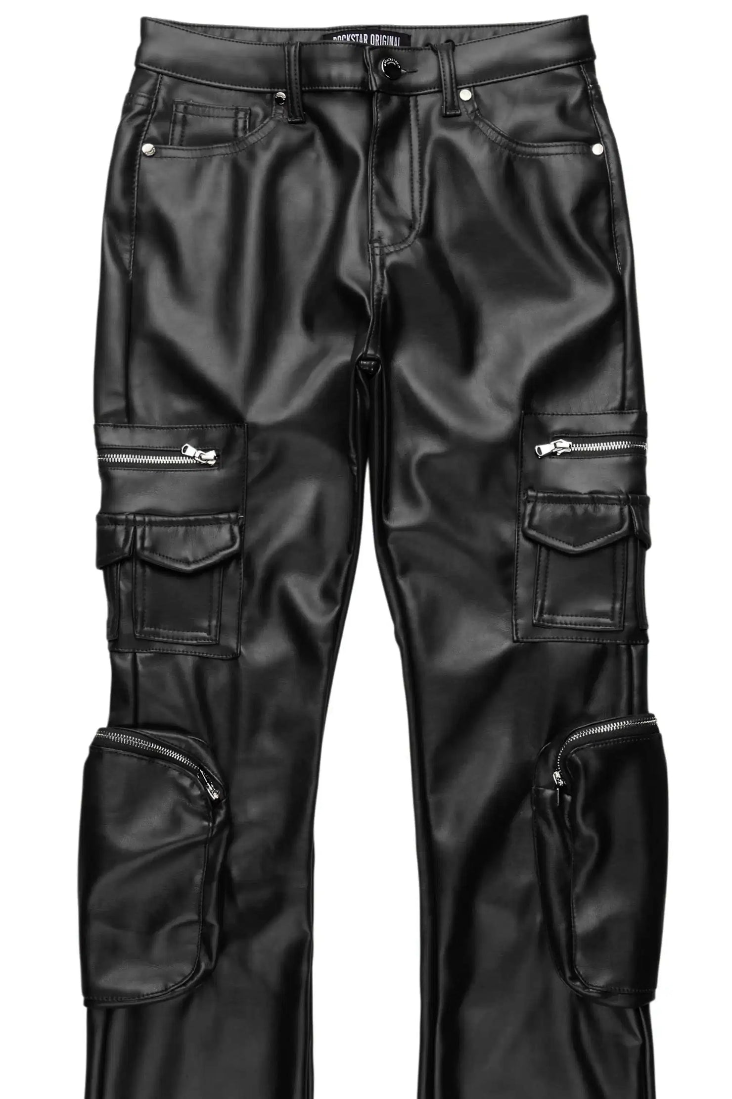 Luxola Black PU Cargo Stacked Flare Pant
