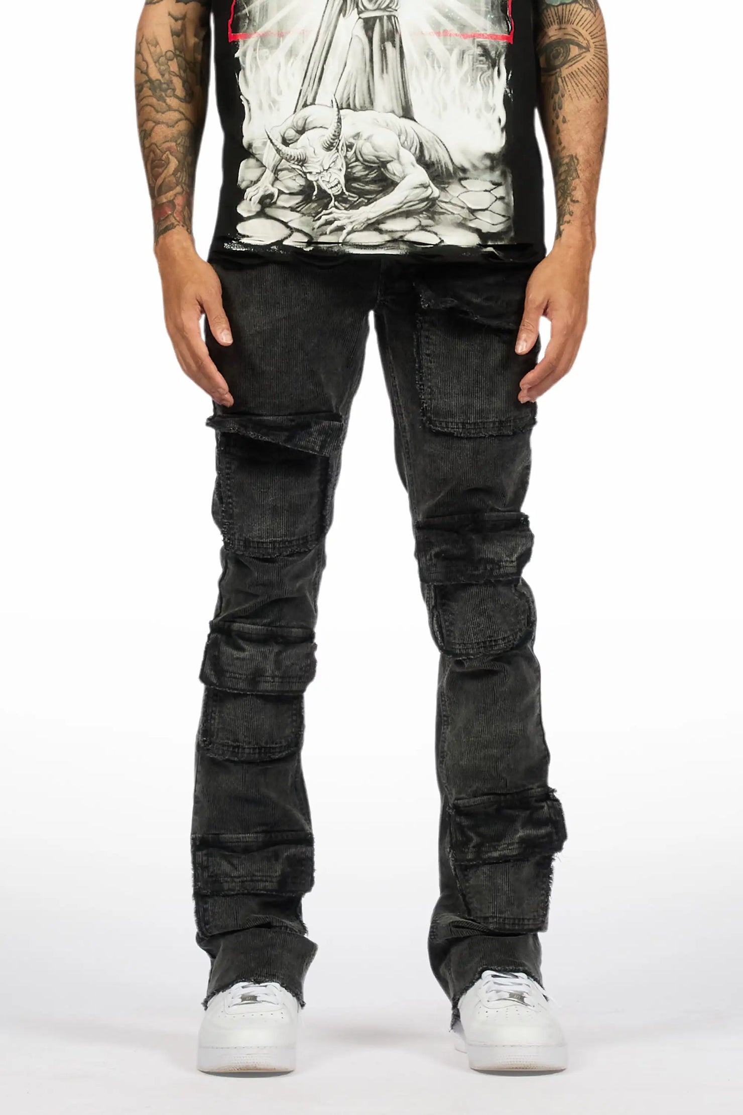 Petrus Grey Stacked Flare Corduroy Pant