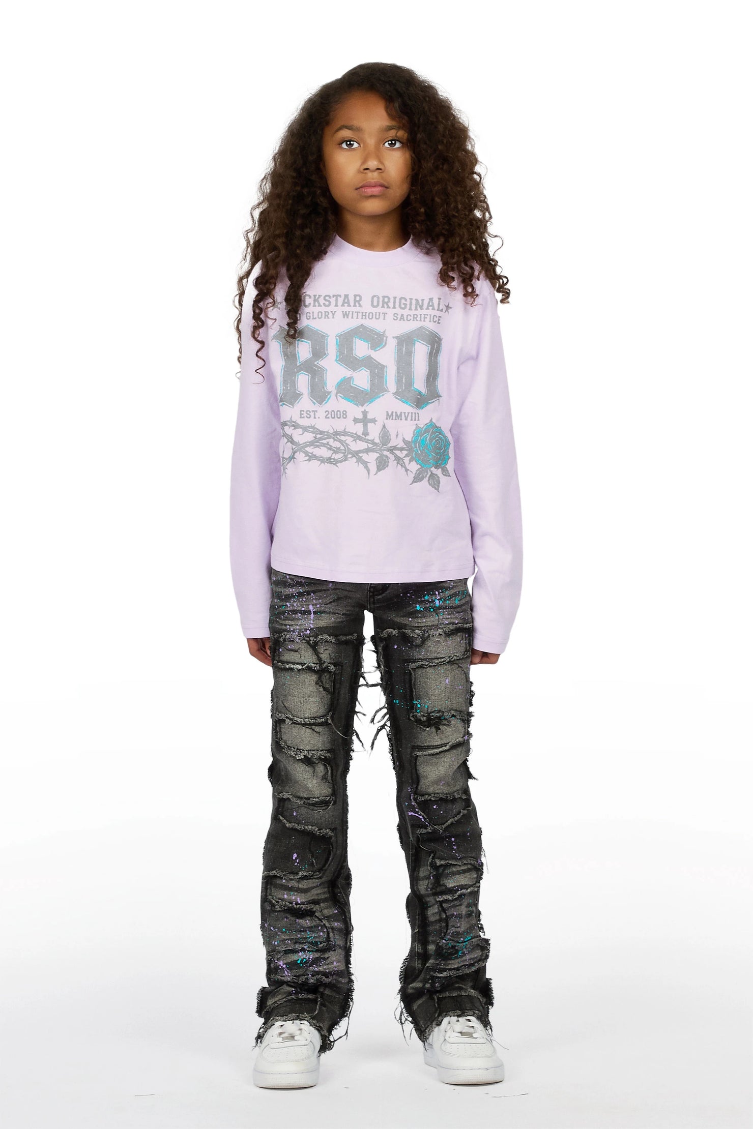 Girls Athena Lavender/Black Long Sleeve T-Shirt Stacked Painter Jean Set