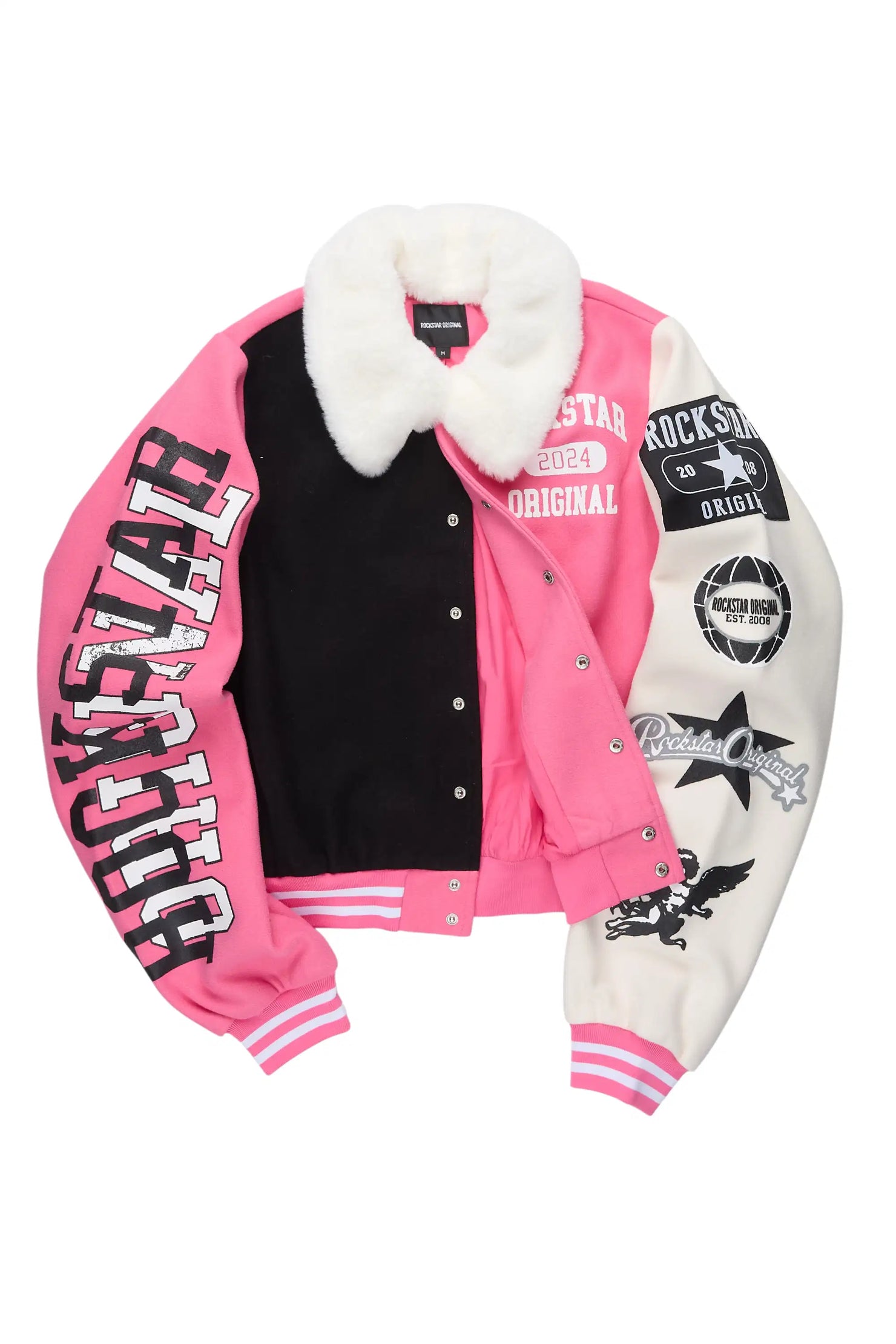 Kisha Pink/Black/White Fur Collar Varsity Jacket
