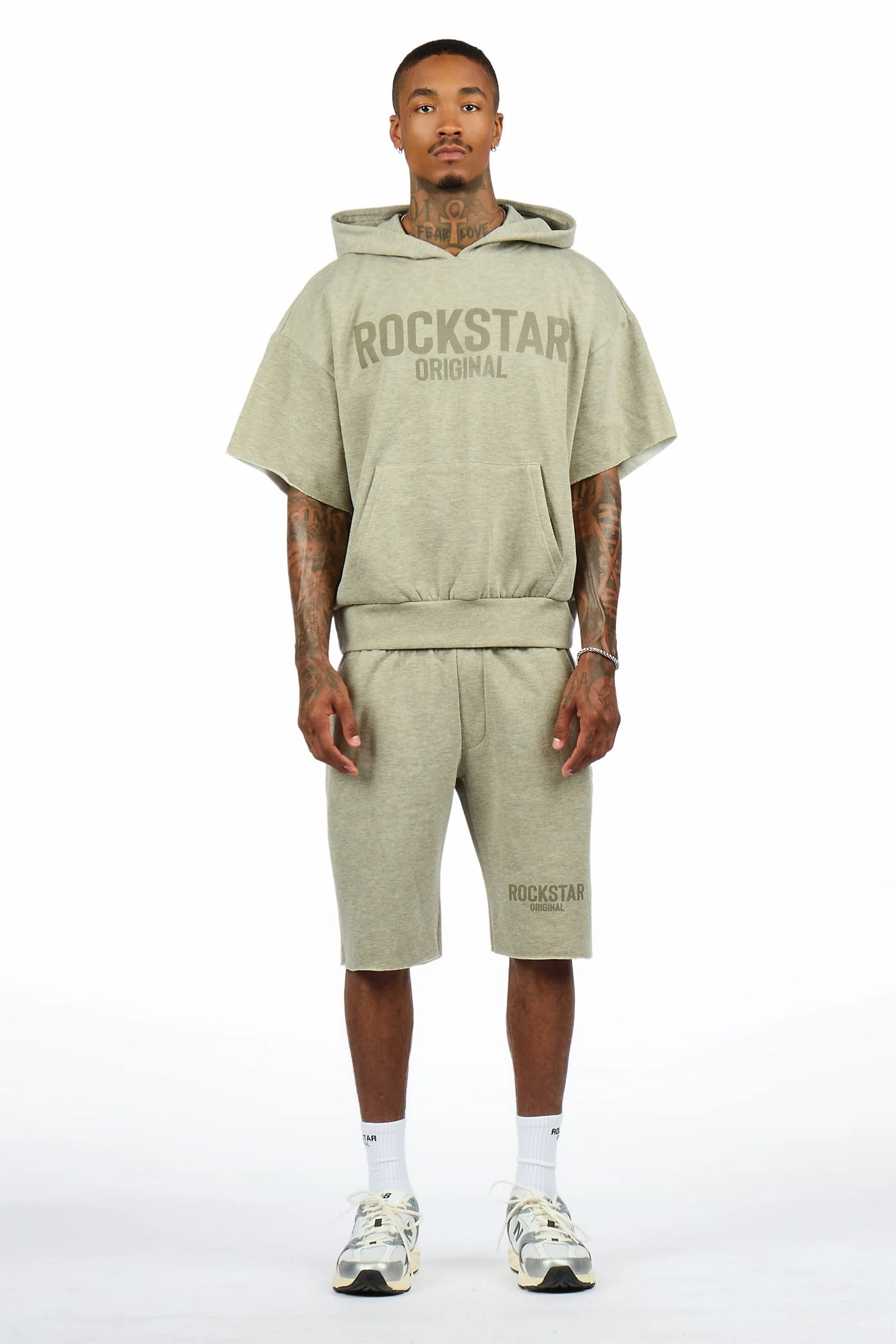 Sana Dark Oatmeal Cut Sleeve Hoodie Short Set