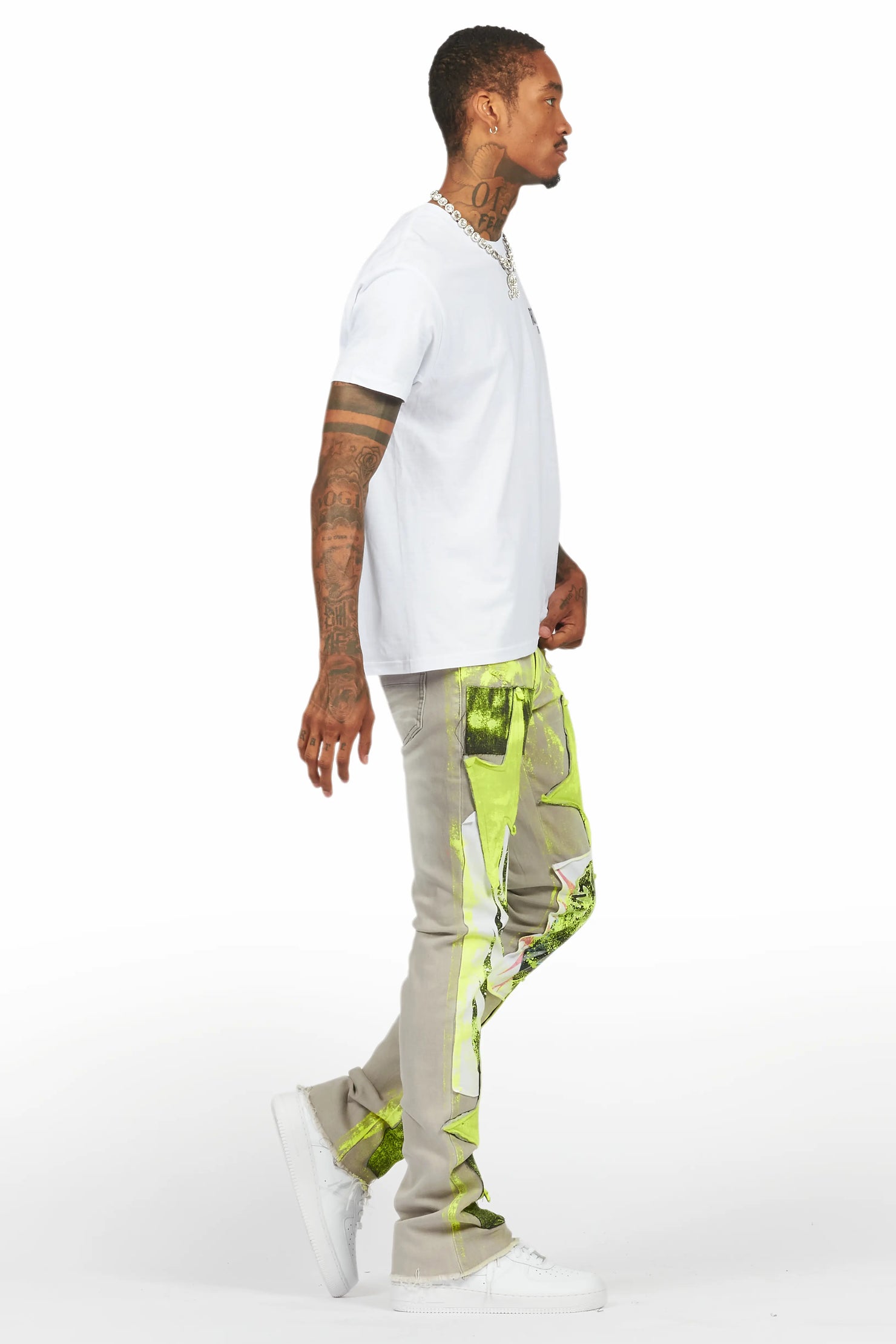 Edge Grey/Yellow Roller Paint Stacked Flare Jean