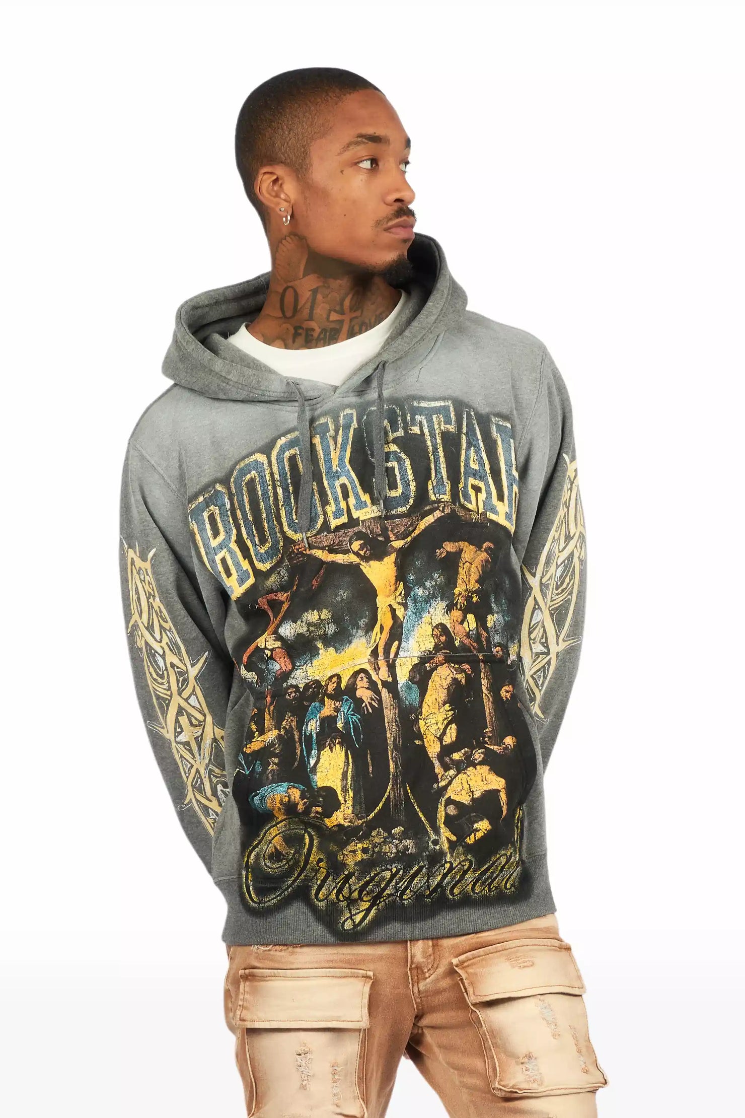 Waller Heather Grey Graphic Distressed Hoodie