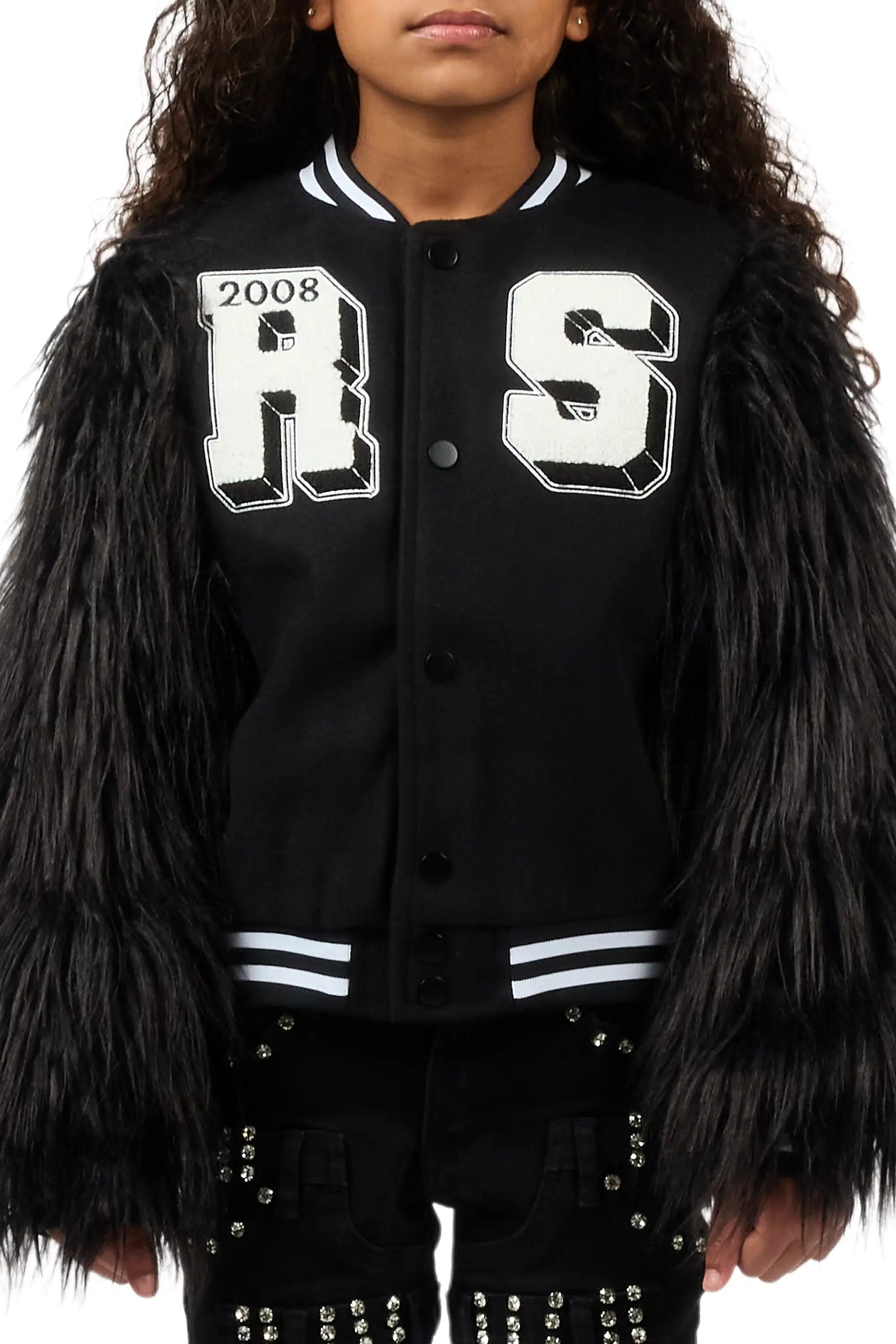 Girls Jameicia Black Fur Sleeve Varsity Jacket