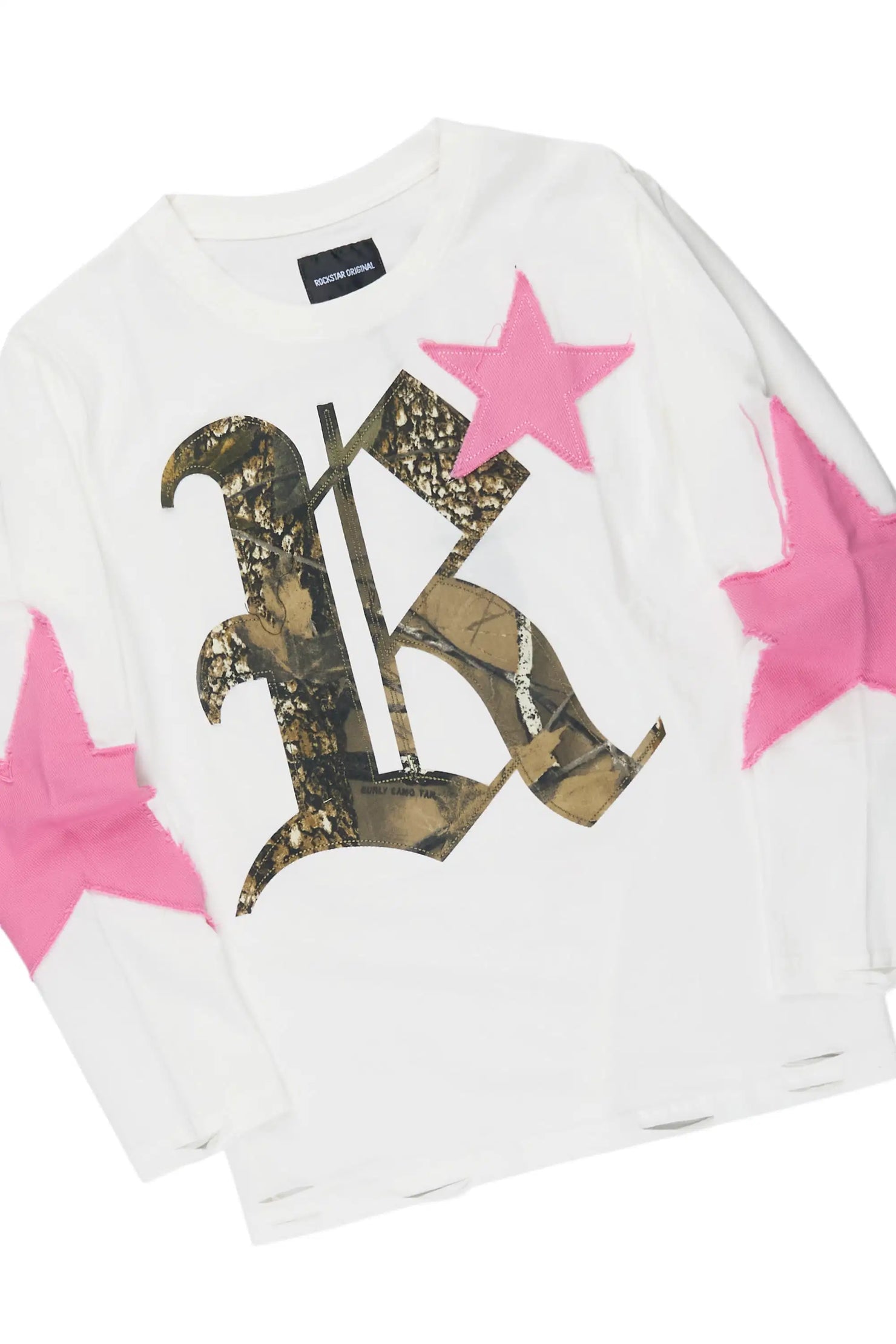 Girls Delgera White/Tree Camo Long Sleeve T-Shirt Stacked Jean Set