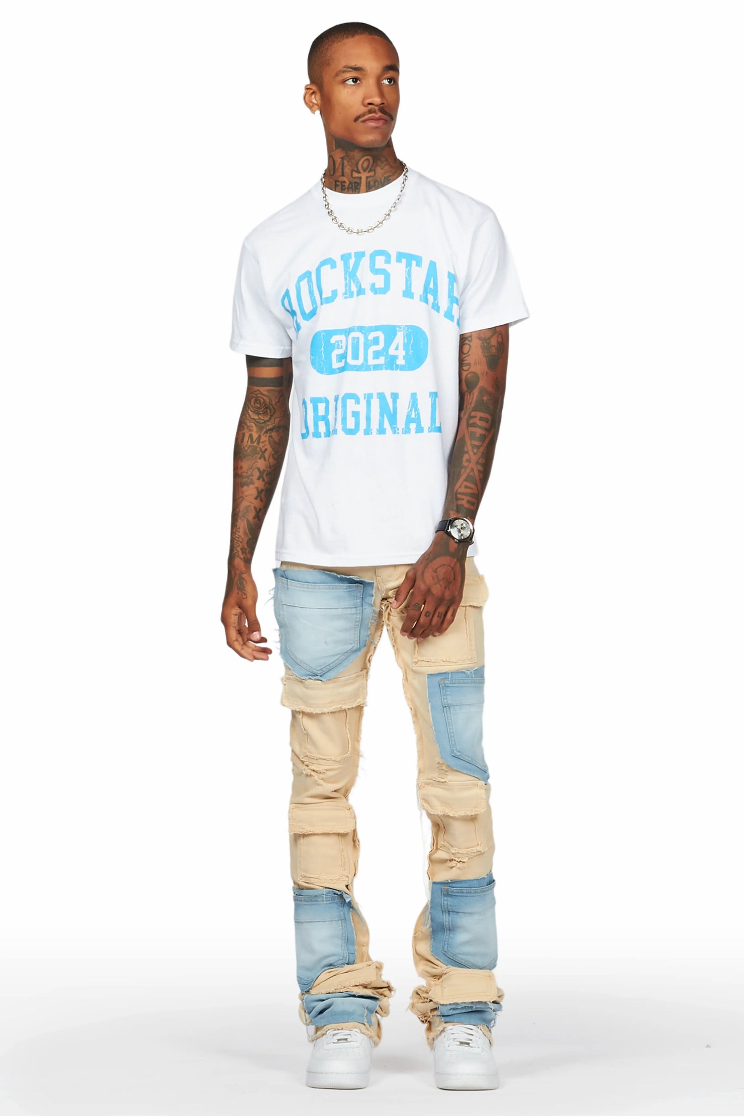 Heath Beige/Blue Patchwork Super Stacked Flare Jean