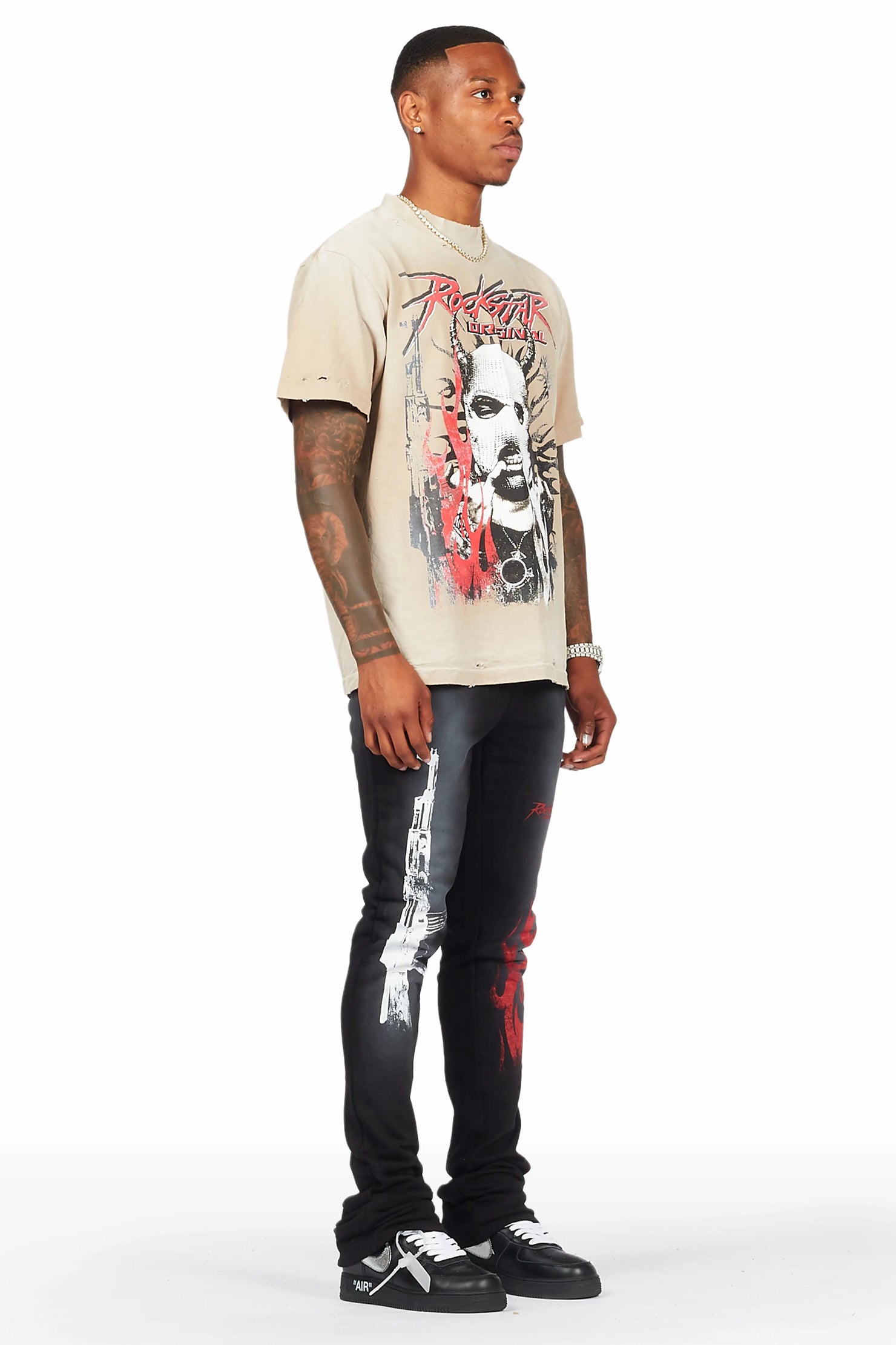 Mercy Beige/Black Oversized T-Shirt/ Stacked Flare Track Pant Set