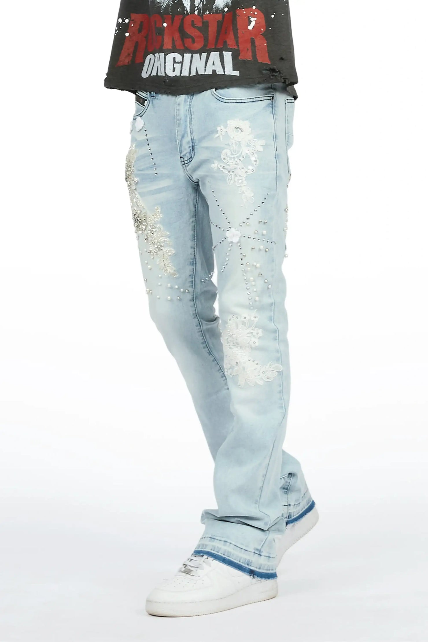Yezen Light Blue Rhinestone Stacked Fit Jean
