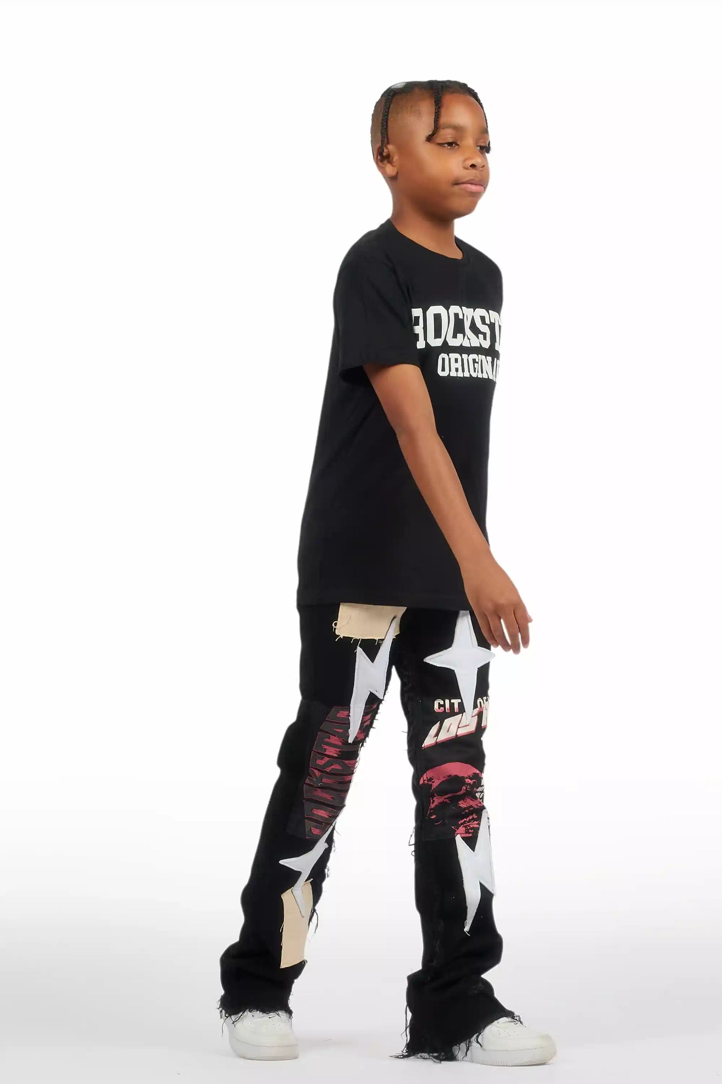 Boys Vinson Black  Patchwork Stacked flare Jean
