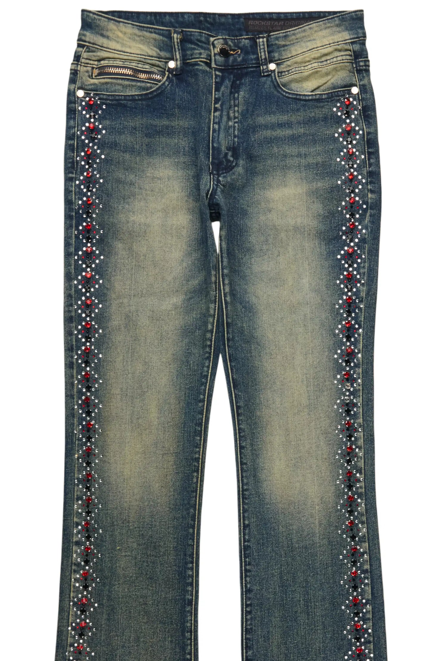 Ozi Rhinestone Tint Blue Stacked Flare Jean