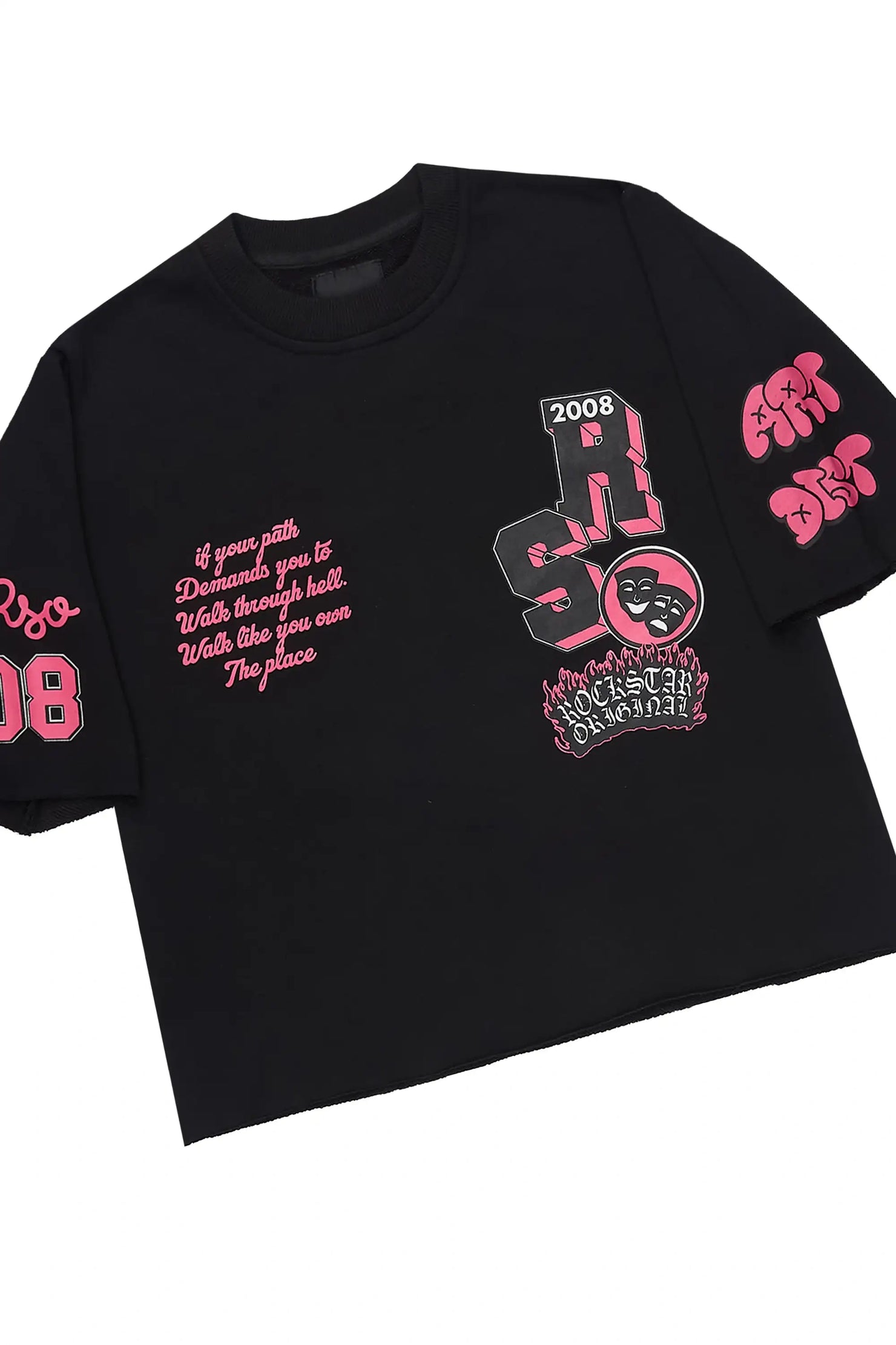 Girls Leslee Black/Pink Boxy T-Shirt Short Set