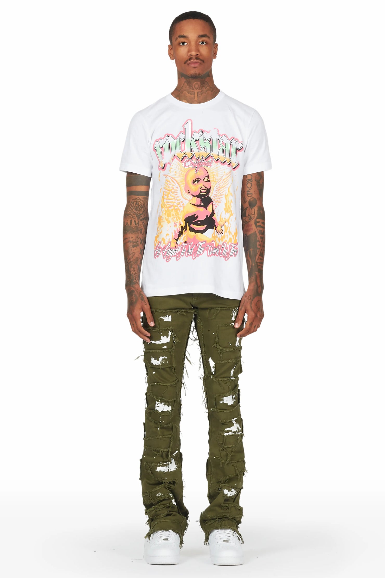 Yakez Green Painter Stacked Flare Jean