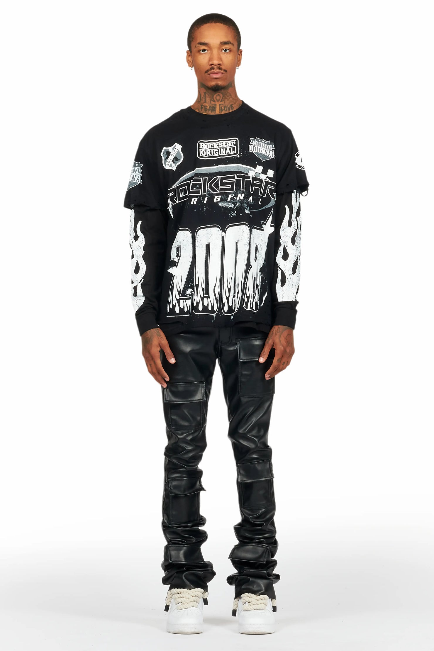 Petrus Black PU Stacked Flare Leather Jean