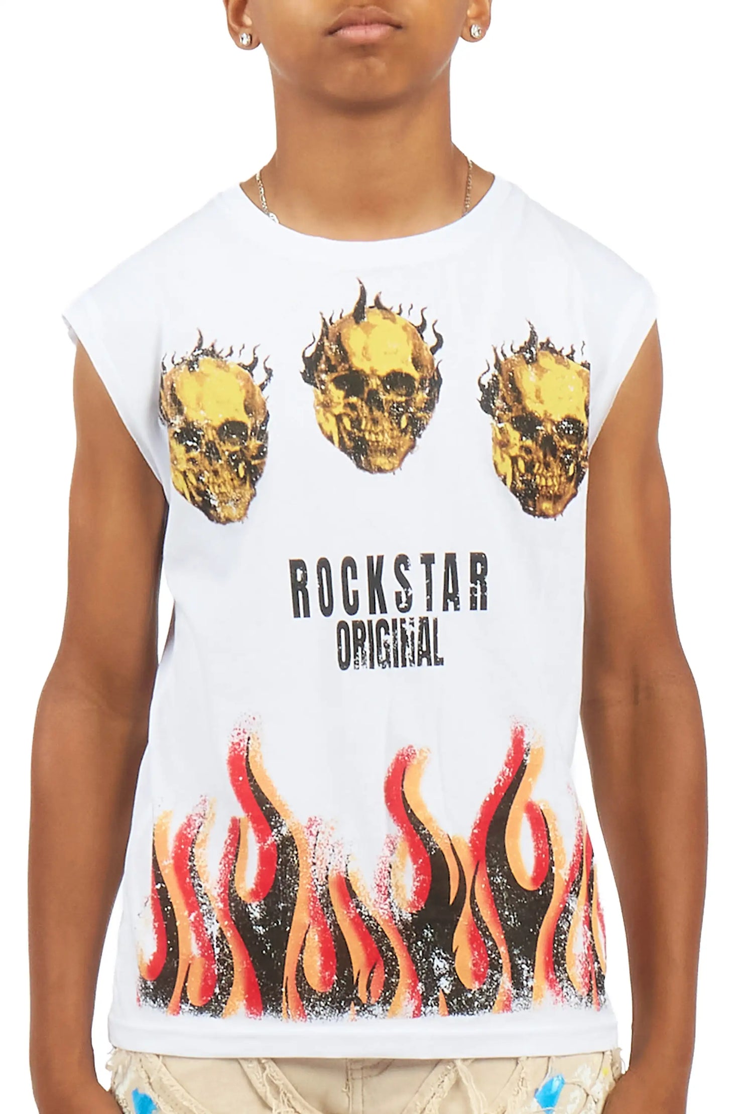 Boys Maezar White Cut Off Graphic T-Shirt