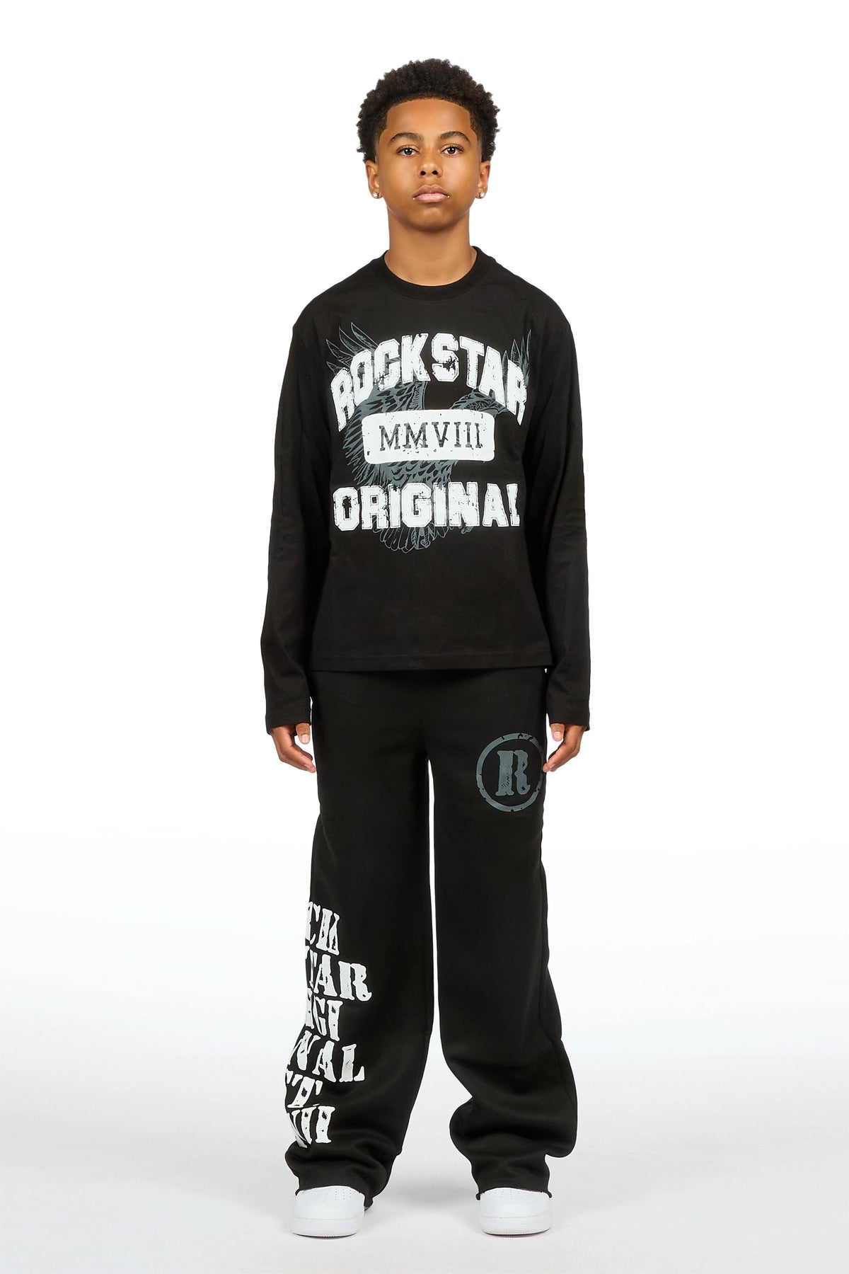 Boys Borya Black/White Long Sleeve T-Shirt Track Set
