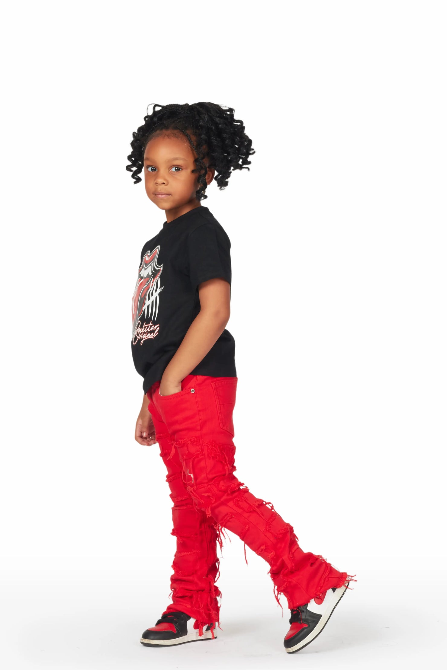 Girls Luna Black/Red T-Shirt/Stacked Flare Jean Set
