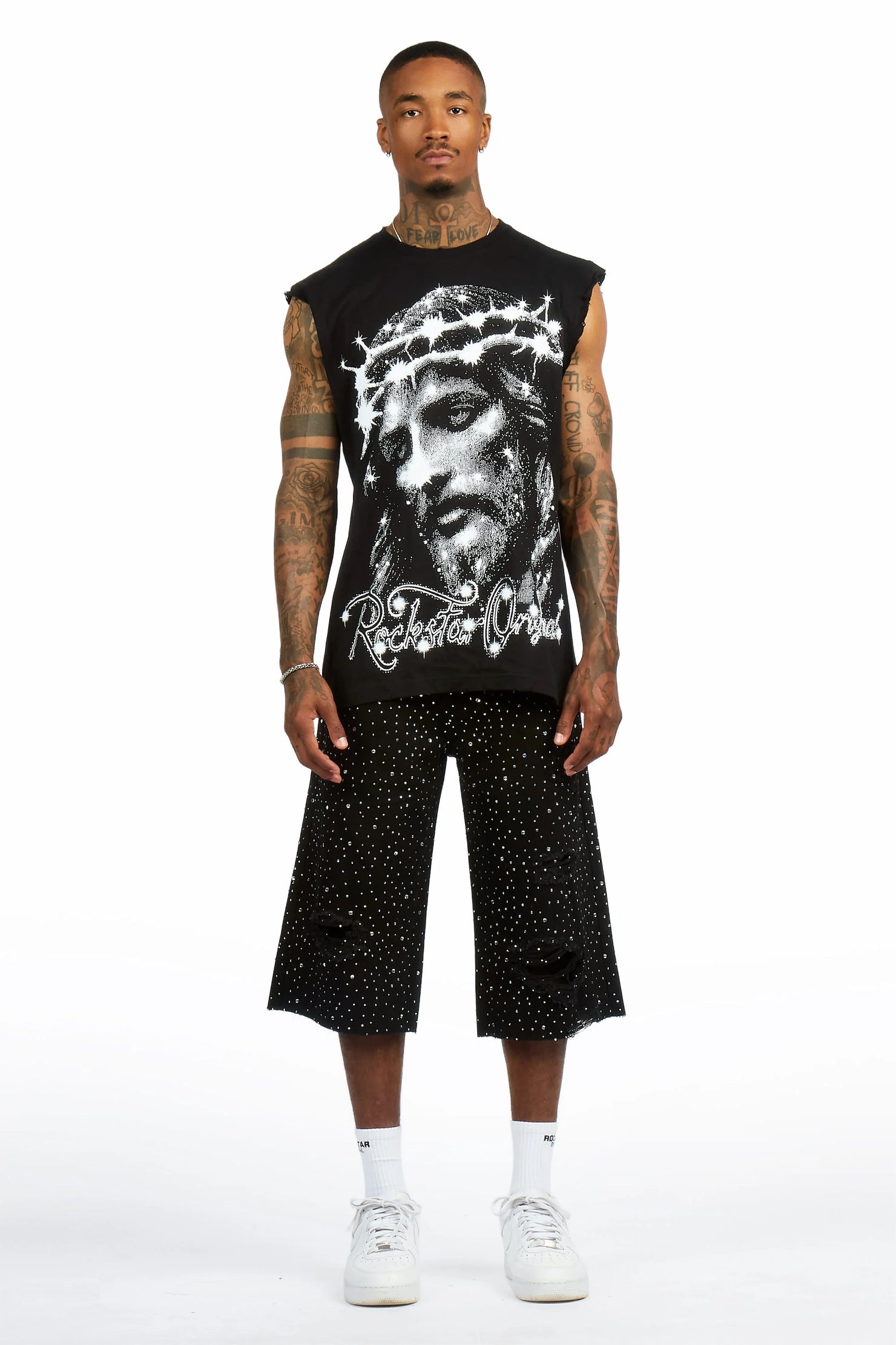 Zayir Black/Jet Black Oversized Graphic T-Shirt & Discolite Rhinestone Denim Jort Set