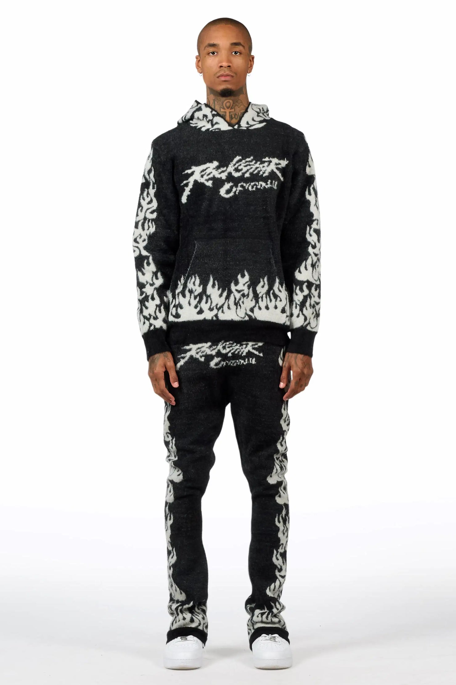 Yash Black Hoodie Stacked Flare Track Set