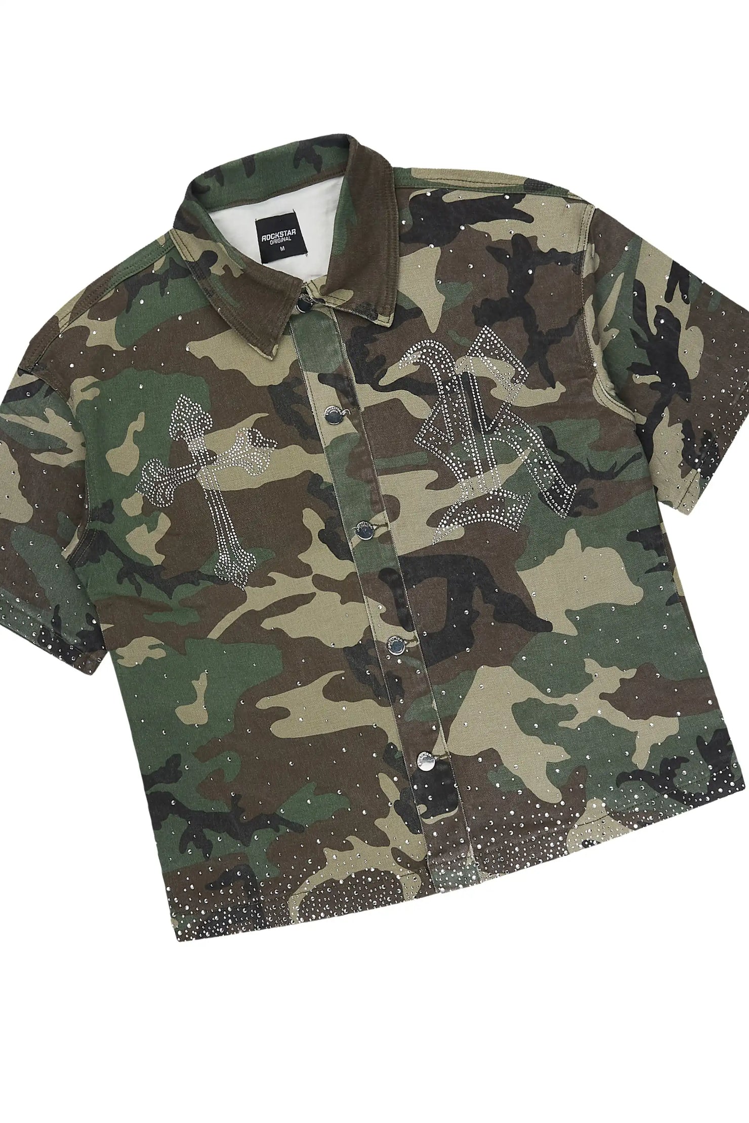 Clemente Camo Rhinestone Button Down Shirt Jort Set