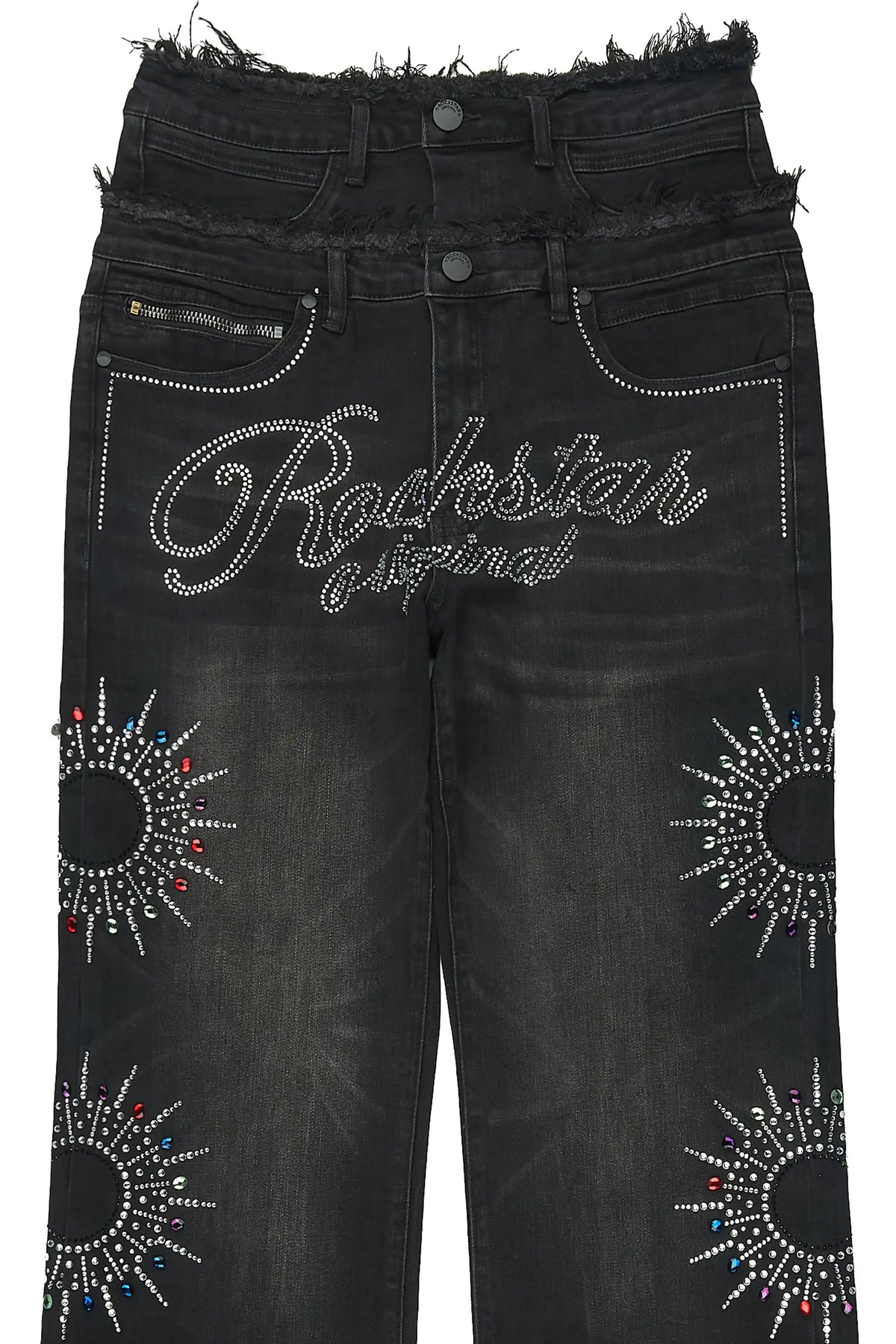 Silo Black Rhinestone Double Waisted Baggy Fit Jean