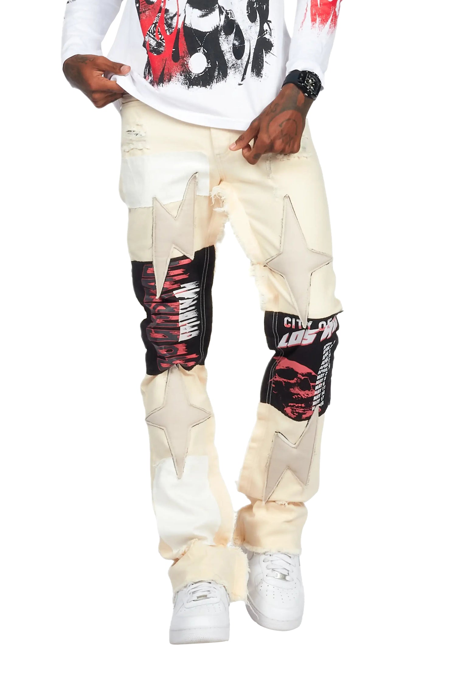 Rhys Beige Patchwork Stacked Flare Jean