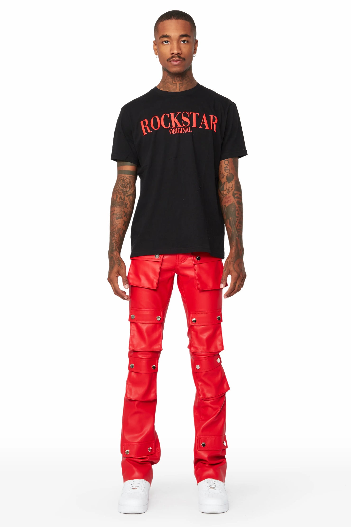 Remi Red Faux Leather Stacked Flare Jean
