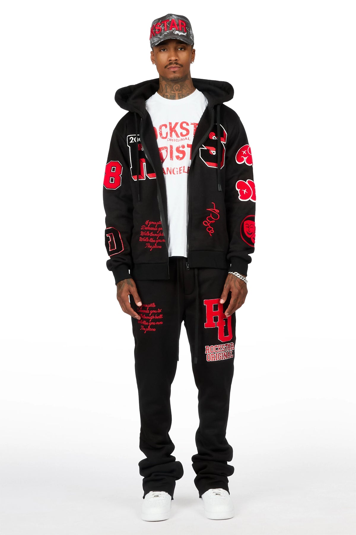 Leslaw Black/Red Zip Up Hoodie Stacked Track Set